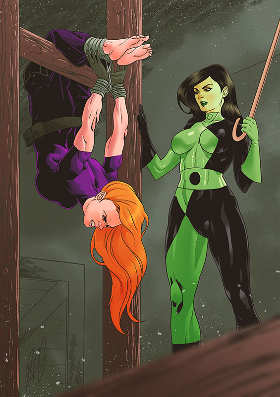 2girls artist_request bastinado bondage cane disney disney_channel feet female female_only hogtie kim_possible kimberly_ann_possible lesbian multiple_girls shego skin_tight skin_tight_suit spanking