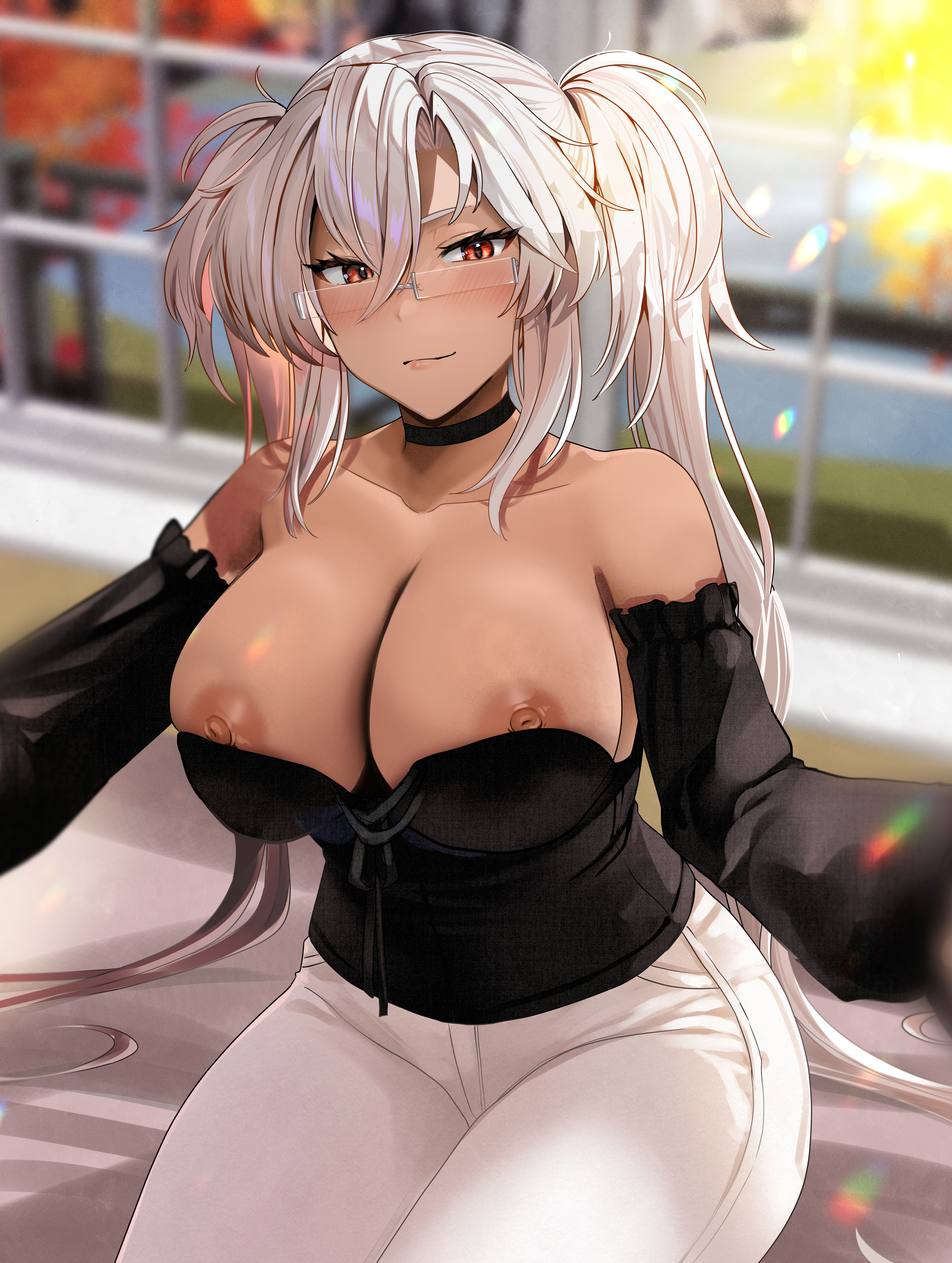 bare shoulders, breasts, dark skin, dark-skinned female, female, glasses, kantai collection, large breasts, looking at viewer, musashi (kantai collection), open mouth, red eyes, sitting, solo, white hair, yunamaro