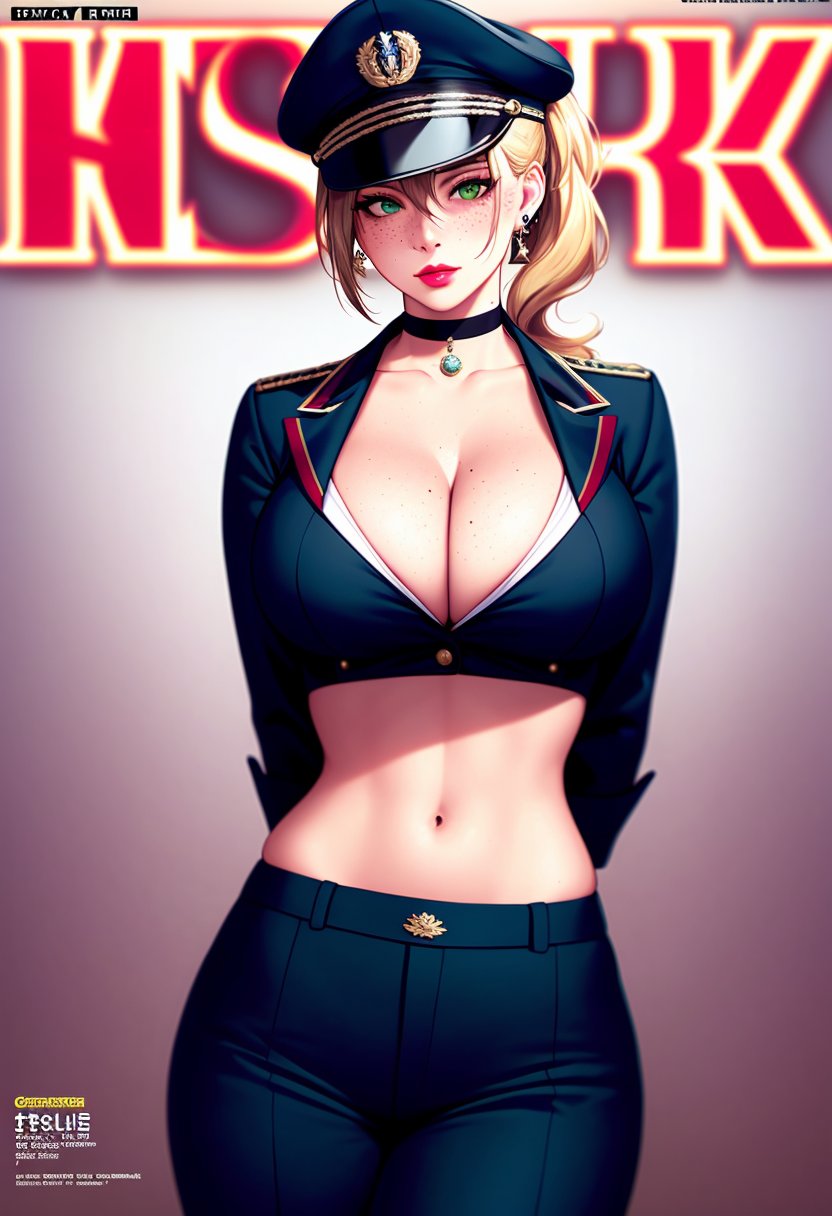 1girls ai_generated big_breasts blonde_hair bulging_breasts curvy_figure female female_only high_resolution highres looking_at_viewer magazine_cover nai_diffusion original pilot_hat pilot_suit ponytail seductive_eyes seductive_look solo stable_diffusion