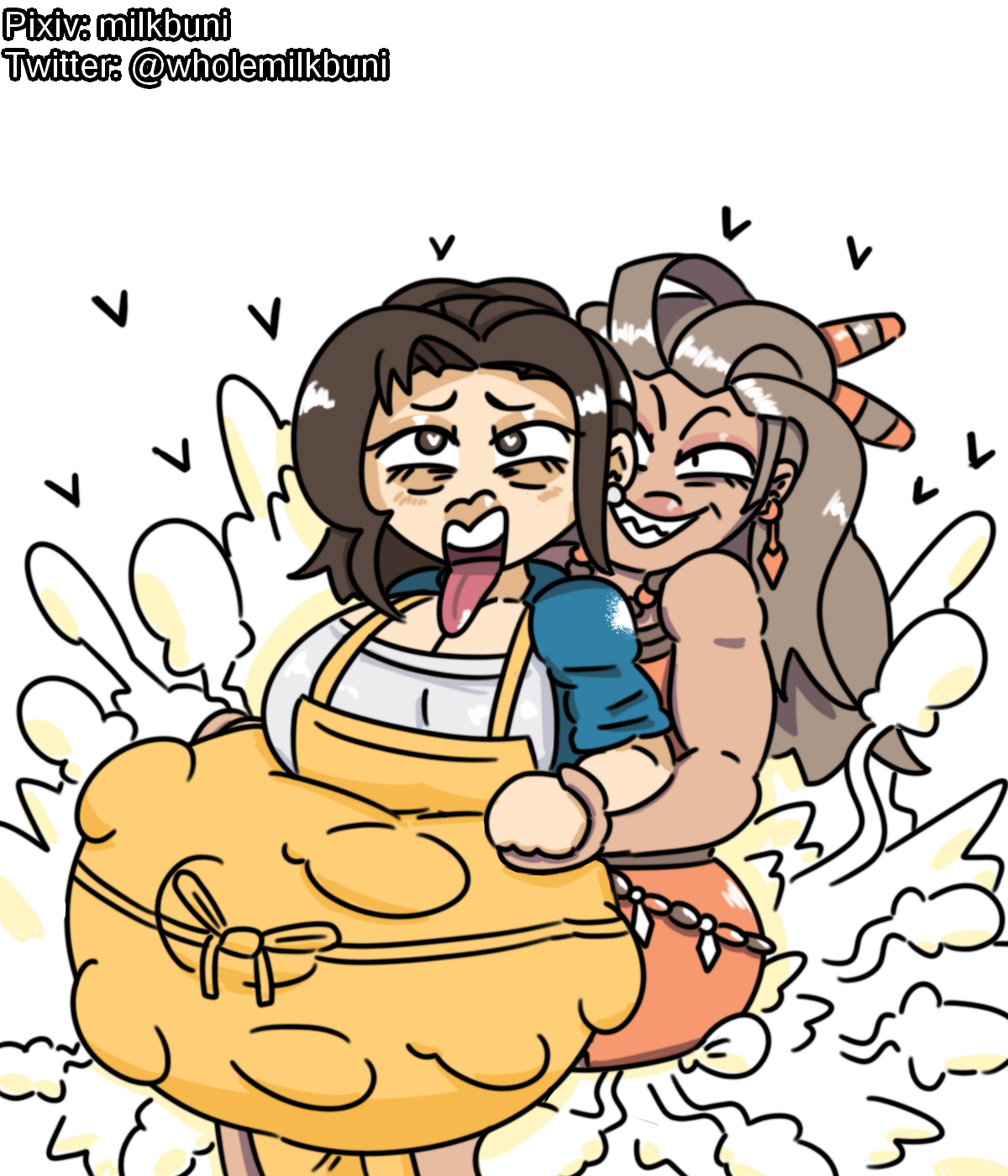 1futa, 1girls, ahe gao, apron, big belly, bloated, bloated belly, breasts, clothed, clothing, creampie, cum, cum inside, cumflated belly, cumflation, dark skin, dark-skinned futa, duo, excessive cum, female, fucked silly, fully clothed, futa on female, futadom, futanari, game freak, giant sperm, holding hands, holding wrists, human, hyper cum, hyper sperm, implied futa, inflated belly, inflation, intersex, leaking cum, light skin, light-skinned female, mature, mature female, mature futa, milf, milkbuni, mother, mother (pokemon sv), nintendo, overflowing cum, pokemon, pokemon sv, professor sada (pokemon), sex, sharp teeth, sitting, sitting on lap, stomach bulge, stomach deformation, tongue, tongue out, white background