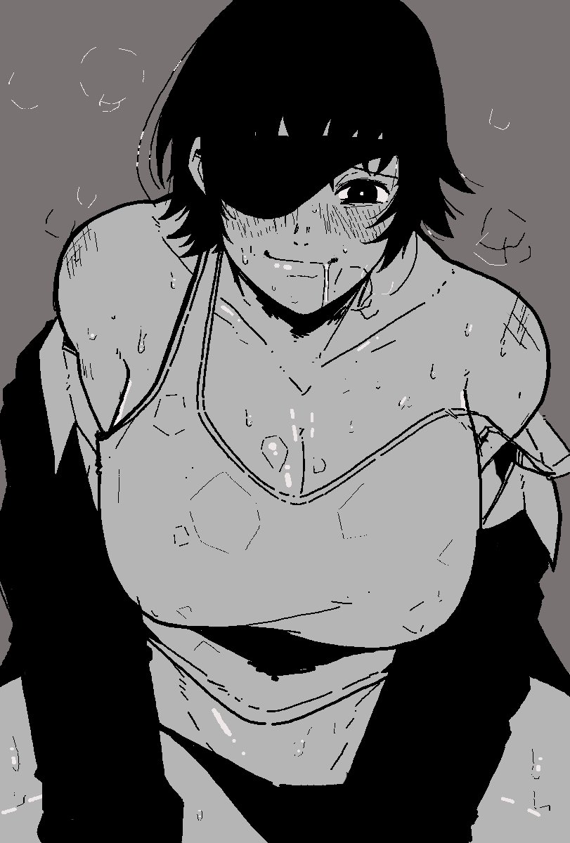 1girls, arm support, breast grab, breasts, bruise, chainsaw man, cleavage, clothes lift, covered nipples, drooling, eyepatch, female, grabbing, greyscale, heavy breathing, highres, himeno (chainsaw man), injury, large breasts, looking at viewer, mark gavatino, monochrome, nipple tweak, no bra, open mouth, shirt, shirt lift, short hair, shounen jump, smile
