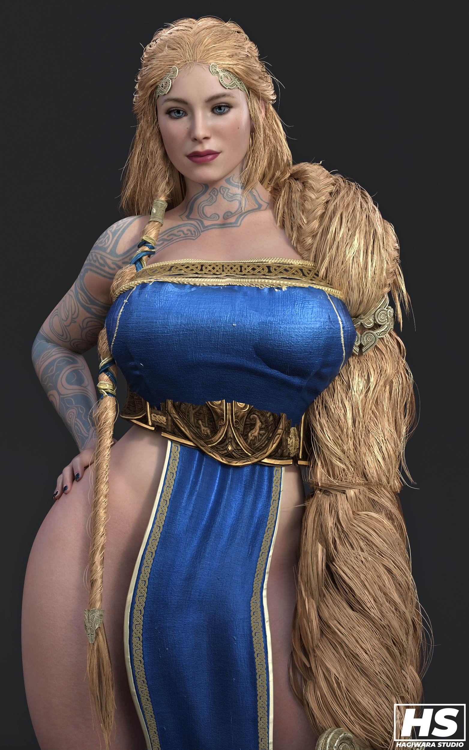 1girls, 3d, aesir (norse mythology), big breasts, black nails, blonde hair, blue dress, blue eyes, braided hair, breasts, clothed, clothed female, curvy, curvy female, curvy figure, female, female only, fingernails, front view, fully clothed, god of war, god of war ragnarok, goddess, grey background, hagiwara studio, hourglass figure, long hair, looking at viewer, milf, mother, mythology, nail polish, norse mythology, red lips, sif (god of war), solo, sony interactive entertainment, tattoo, tattooed arm, tattoos, thick thighs, thighs, twitter username