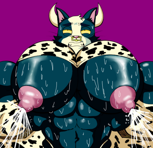 anonymous_artist anthro avocato big_breasts big_pecs bodily_fluids breasts clenched_teeth cow_costume fake_horns felid final_space horn huge_breasts lactating male male_lactation mammal muscular muscular_male solo sweat teeth ventrexian whiskers