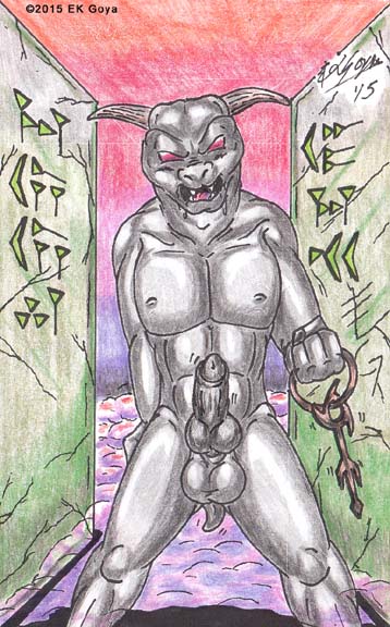 2015 4_fingers abs animal_genitalia animal_penis anthro areola balls biceps big_balls big_penis blush bodily_fluids canid canid_demon canine_penis claws colored_pencil_(artwork) demon drooling ek_goya fangs finger_claws fingers fog genitals ghostbusters grey_body grey_skin hairless hand_behind_back holding_key holding_object horn key keyring knot looking_at_viewer male mammal muscular muscular_anthro muscular_male nipples nude open_mouth pecs penis red_eyes saliva sharp_claws sharp_teeth sheath smile smiling_at_viewer solo standing teeth terror_dog tongue traditional_media_(artwork) urethra wide_stance