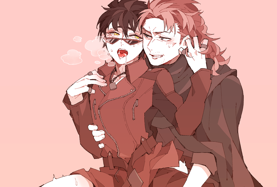 2boys abuto ahe_gao blush breath clenched_teeth clothed clothed_sex crack_pairing drooling from_behind gay ginger gintama implied_sex jewelry kawakami_bansai kyuuririr leather_jacket long_hair_male looking_at_another looking_back looking_over_eyewear looking_over_glasses looking_over_sunglasses looking_pleasured male male_only mullet open_mouth pink_background red_theme sitting_on_lap sitting_on_person sunglasses sweat tears tinted_eyewear tongue_out waist_apron yaoi yellow_eyes