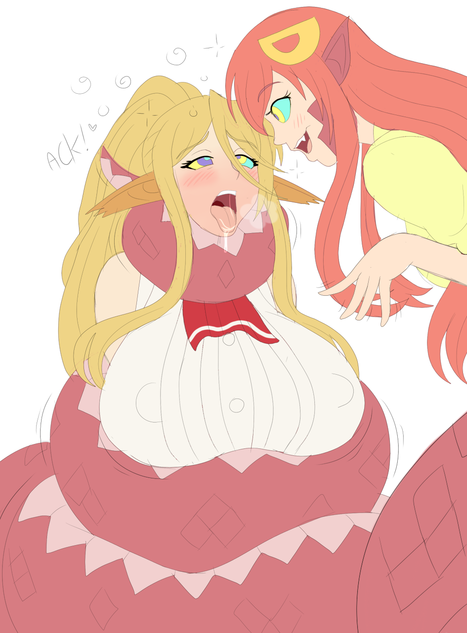 2girls asphyxiation big_breasts blonde_hair blush breasts centorea_shianus choking clothed clothes clothing coiling coils constriction femsub hair happy_trance huge_breasts hypnosis kaa_eyes lamia large_breasts long_hair miia_(monster_musume) monster_girl monster_musume monster_musume_no_iru_nichijou multiple_girls nipple_bulge nipples open_mouth plsgts red_hair snake squeezing tongue tongue_out