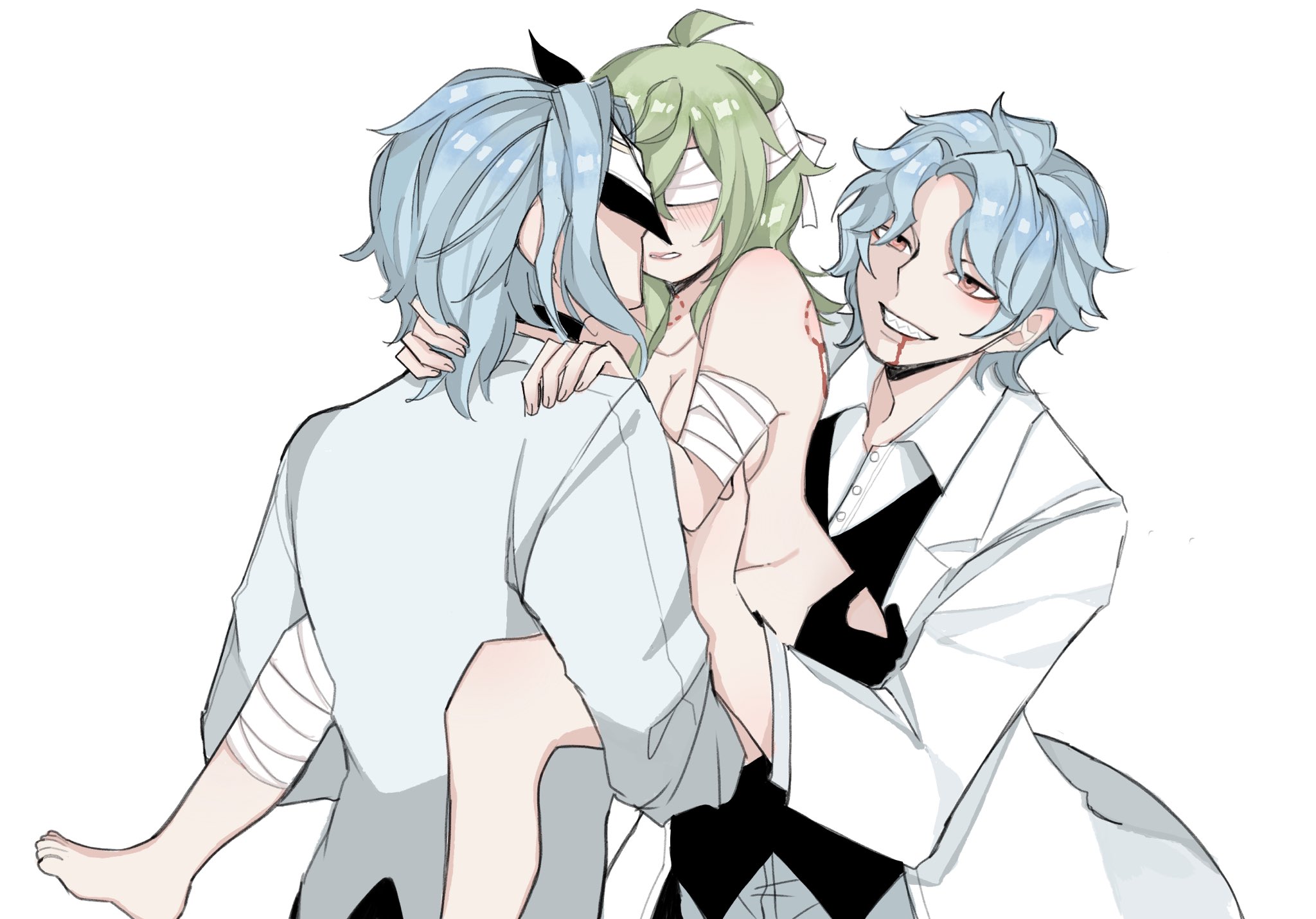 1boy, 1girls, age difference, bandage, bite mark, blindfold, blood, blue hair, clones, collei (genshin impact), darkdoct03, dottore (genshin impact), dubious consent, female, genshin impact, green hair, imminent sex, male, nude, nude female, nude female clothed male, older male and younger female, petite, questionable consent, size difference, stand and carry position