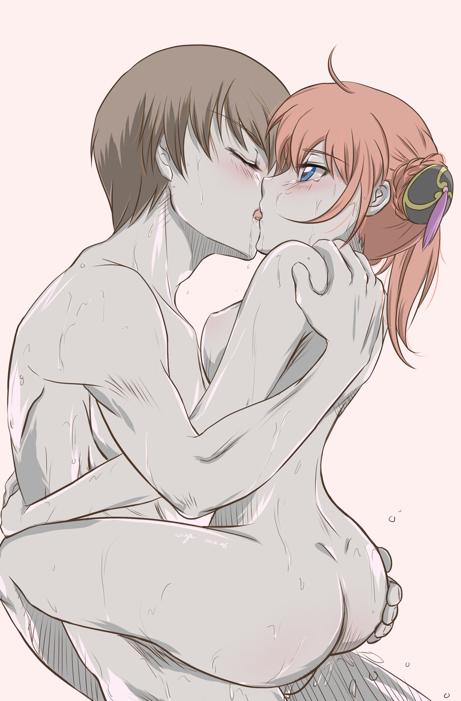 1boy 1girls ambiguous_penetration big_ass blue_eyes blush brown_hair bubble_butt bun_cover carrying_partner closed_eyes completely_nude drooling female french_kiss gintama hair_bun hair_down hair_ornament hand_on_ass kagura_(gintama) kissing light_brown_hair male nude okita_sougo orange_hair partially_colored sideboob small_breasts sweat tears wingni