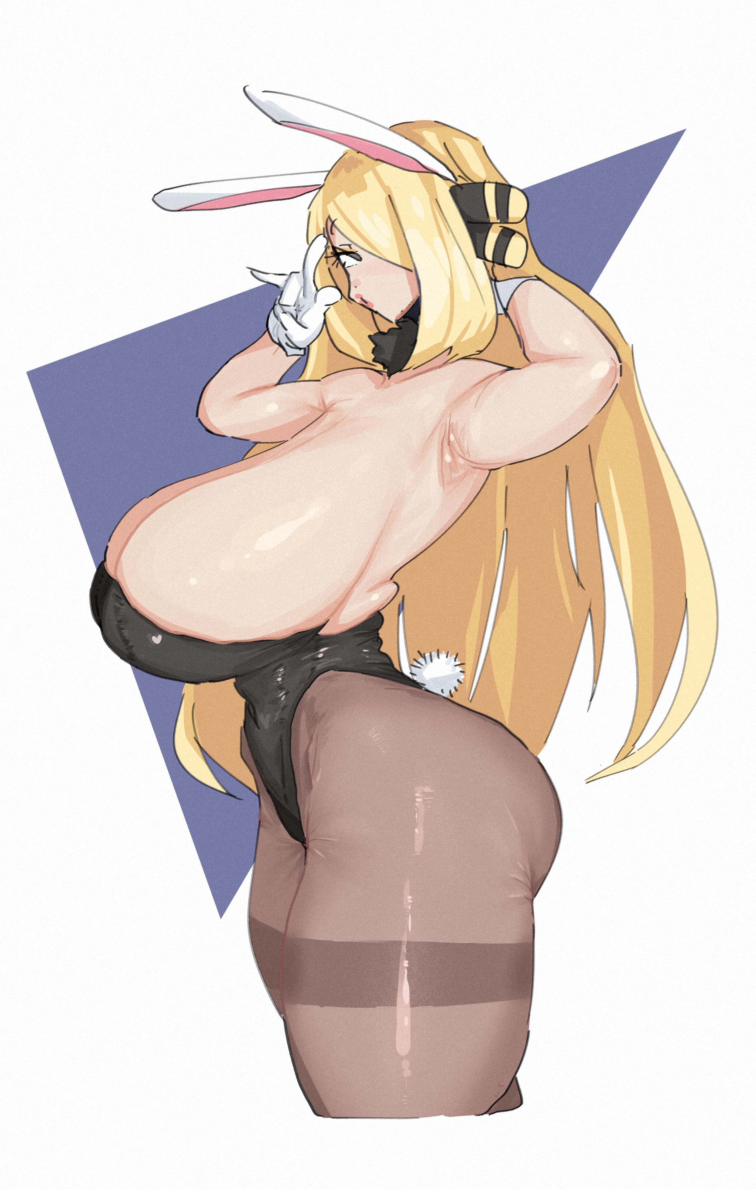1girls, armpits, armwear, ass, big breasts, black bunnysuit, blonde hair, breasts, bunny ears, bunny tail, bunnysuit, cynthia (pokemon), fake animal ears, female, female only, game freak, hair, hair ornament, huge breasts, leebongchun, leggings, legwear, long hair, mature, mature female, pokemon, pokemon dppt, solo, solo female, tail, thighs