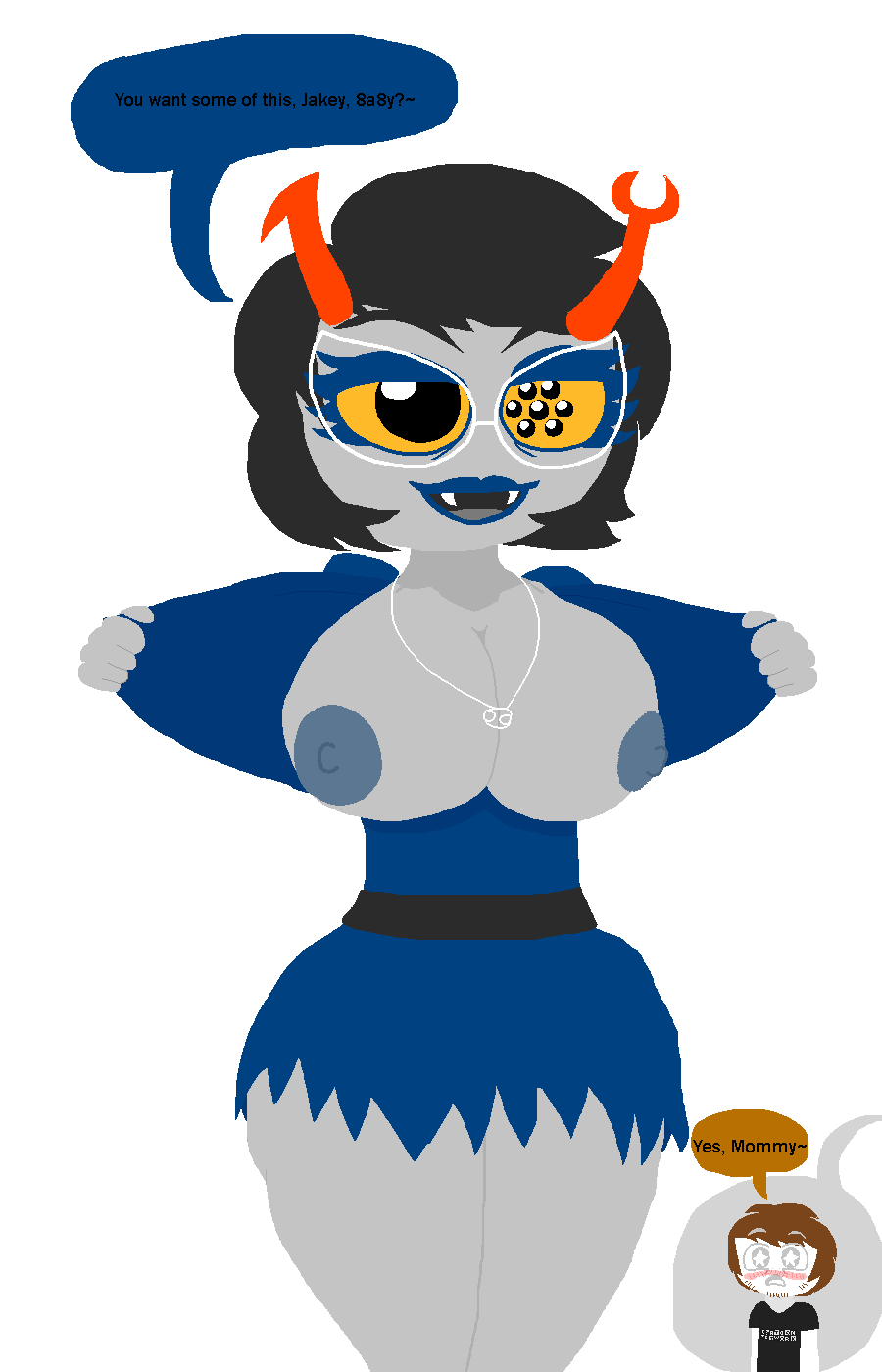 alien aranea_serket artist_self-insert artist_signature bedroom_eyes big_breasts blue_dress blue_nipples blushing cancer_(zodiac_sign) fangs flashing_breasts glasses grey_skin homestuck jacob_hornyboi_(jakey_hboi2000) jakey_hboi2000 logo_parody ms_paint_adventures necklace tagme thick_thighs yellow_sclera