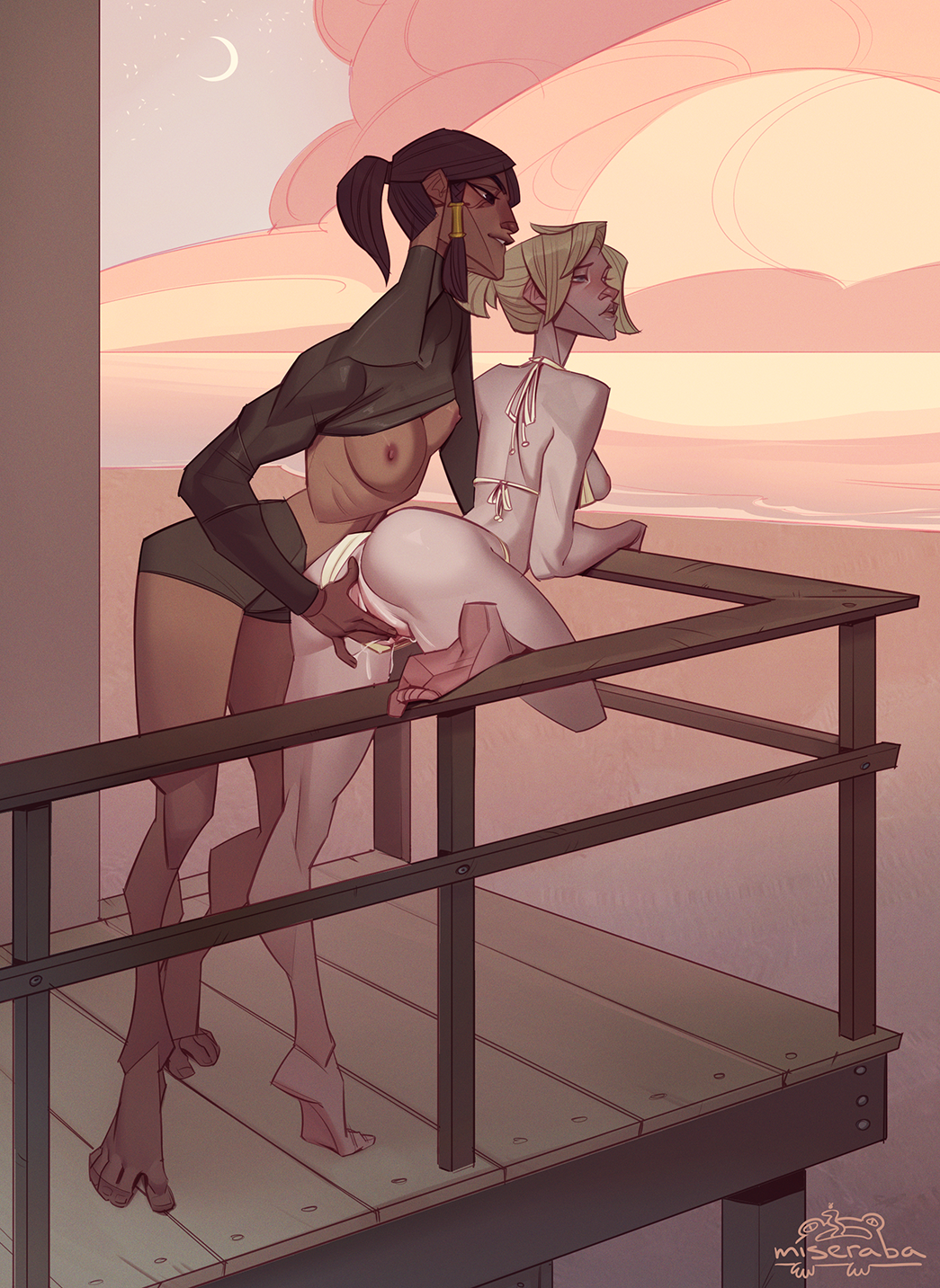 2girls, ass, bent over, bikini, bikini aside, biting lip, blizzard entertainment, blonde hair, breasts, breasts out, brown hair, clouds, dark skin, dark-skinned female, feet, female, female only, fingering, fingers, from behind, interracial, interracial yuri, leaning forward, lesbian, light skin, light-skinned female, looking at partner, looking pleasured, mercy, miseraba, multiple females, multiple girls, night sky, one leg up, outdoors, overwatch, pharah, ponytail, pussy, pussy juice, railing, shirt lift, standing, swimsuit, tattoo, yuri