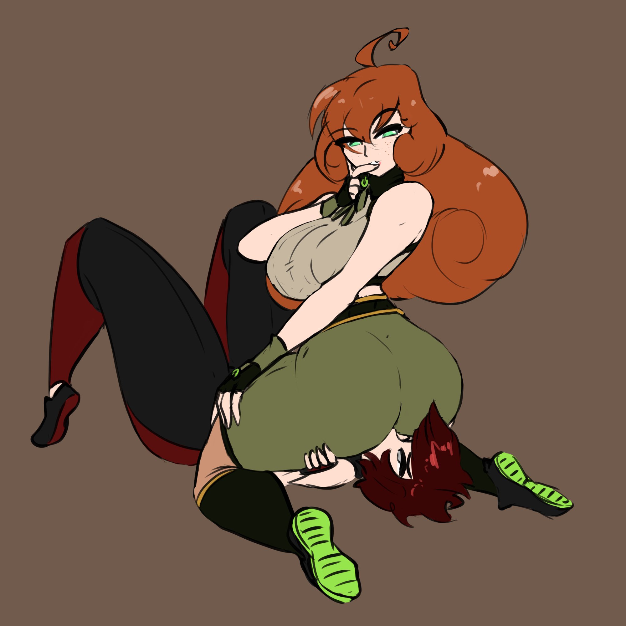 2girls, ahoge, ass, breasts, curly hair, facesitting, female, female only, finger to mouth, freckles, ginger, green eyes, hourglass figure, huge ass, huge breasts, jakearmorsmith, lidded eyes, long hair, multiple females, multiple girls, orange hair, penny polendina, red hair, ruby rose, rwby, silver eyes, smile, thin waist, wasp waist, wide hips, yoga pants, yuri