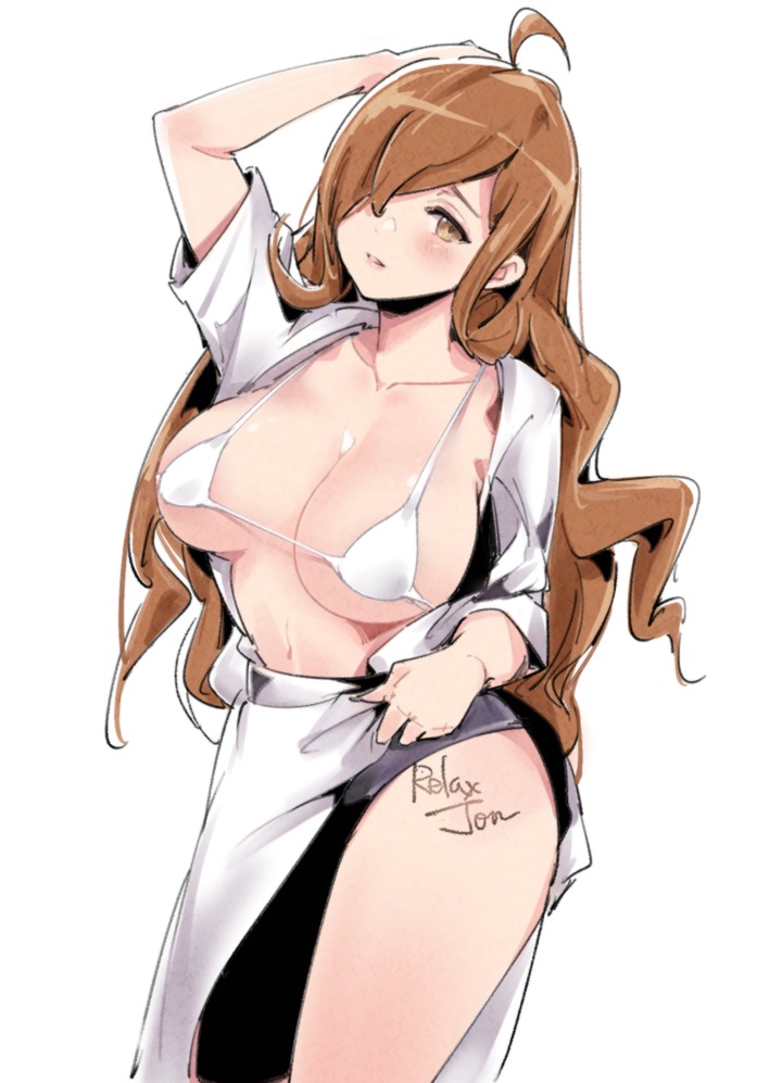 1girls, ahoge, artist name, big breasts, bikini, breasts, brown hair, cleavage, collarbone, cowboy shot, female, hair over one eye, kono subarashii sekai ni shukufuku wo!, large breasts, long hair, looking at viewer, micro bikini, navel, open clothes, open shirt, relaxjon, simple background, solo, swimsuit, wavy hair, white background, white bikini, wiz (konosuba), yellow eyes