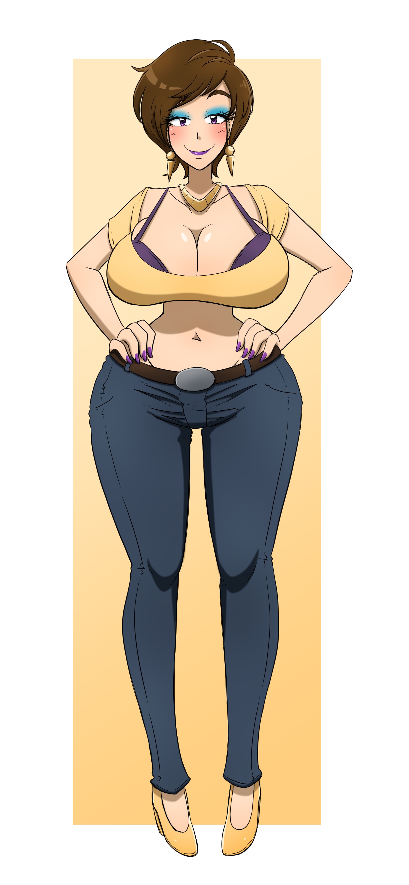 ass, aunt, bimbo, blush, bra cups sticking out, breasts, cleavage, female, hands on hips, hi res, high heels, jewelry, kobi-tfs, large ass, large breasts, long hair, milf, navel, thick lips, thick thighs, wide hips