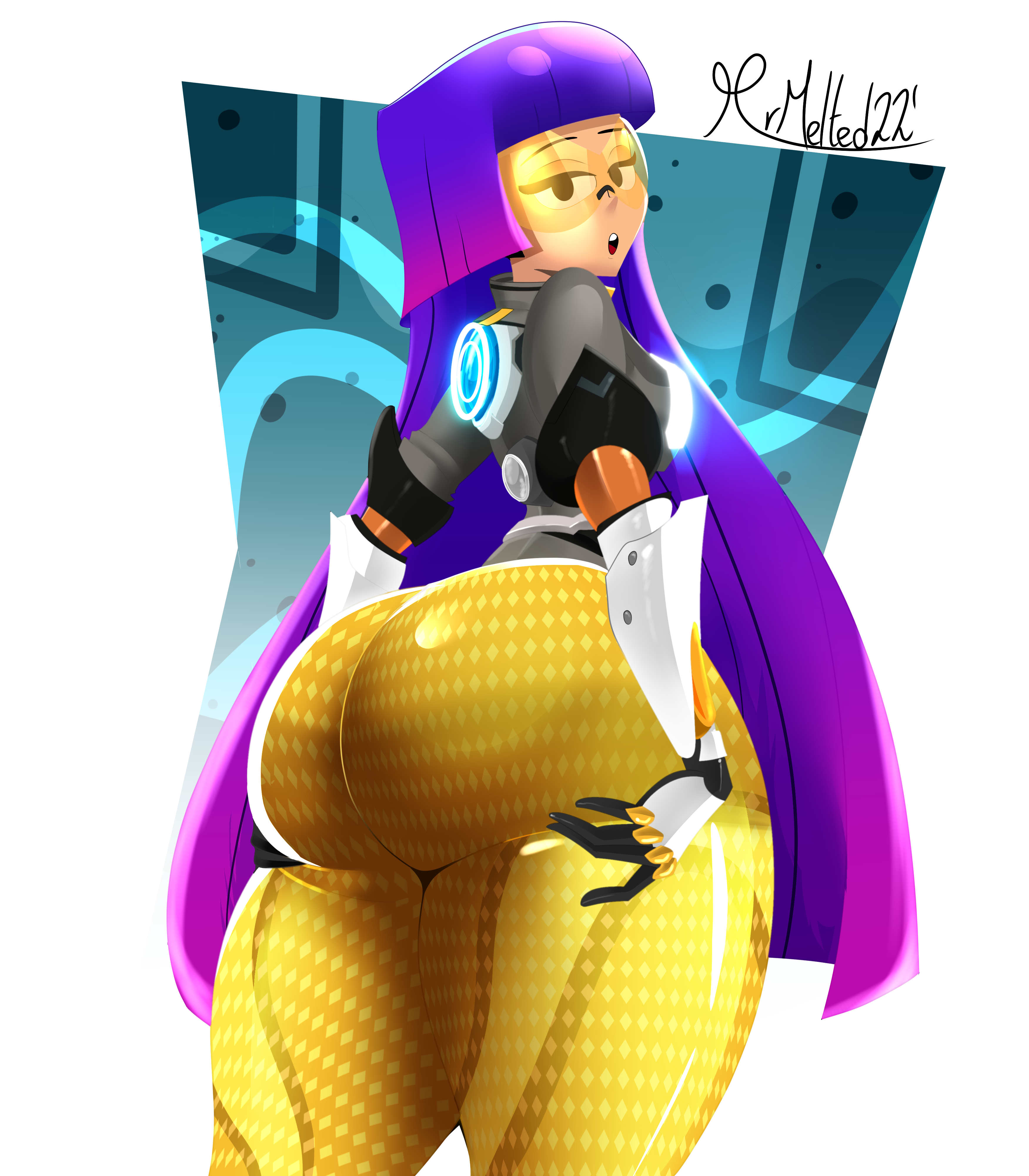 1girls, about to burst, absurd res, ass, ass support, ass too big, barely contained, barely contained ass, barely fits, big ass, bodysuit, bubble ass, bubble butt, cosplay, fat ass, female, female only, glitch techs, goggles, huge ass, imminent wardrobe malfunction, large ass, looking at viewer, looking back, miko kubota, mrmelted, multicolored hair, overwatch, png, signature, solo, straight hair, thick ass, thick thighs, tight fit, tight fitting clothing, tight suit, tinted eyewear, too tight, tracer (cosplay), undersized clothes, undersized clothing, visor, wide hips, yellow-tinted eyewear