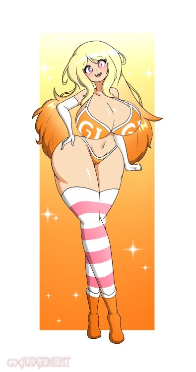 bimbo blonde_hair blush breasts cleavage gigi_(ebagigi) heart-shaped_pupils heterochromia huge_ass huge_breasts lingerie long_hair multicolored_hair navel orange_hair thegxjudgement thick_thighs thighhighs wide_hips