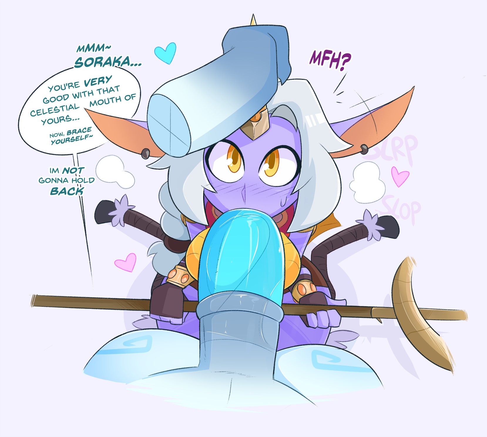 <3, 1futa, 1girls, animal genitalia on humanoid, big breasts, big penis, big thighs, blowjob, blue penis, blush, breasts, deepthroat, dialogue, disembodied hand, dominant pov, dress, drooling, ear piercing, earrings, english text, erection, face fucking, fellatio, female, femsub, first person view, forced oral, futa on female, futa pov, futadom, futanari, giver pov, heart, hooves, horn, horn grab, horsecock, horsecock futa, horsecock on humanoid, huge cock, imminent deepthroat, imminent facefuck, imminent fellatio, imminent oral, imminent penetration, intersex, irrumatio, irrumatio handles, kilinah, kindred, kneeling, lamb (league of legends), large breasts, league of legends, long hair, looking at viewer, looking up, open mouth, oral, oral penetration, oral sex, penis, png version available, pointy ears, ponytail, pov, purple body, purple skin, riot games, rough oral, saliva, sheath, soraka, speech bubble, staff, submissive female, submissive humanoid, text, thick penis, thick thighs, throat fuck, throat penetration, tight fit, weapon, white hair, wide hips, yellow eyes