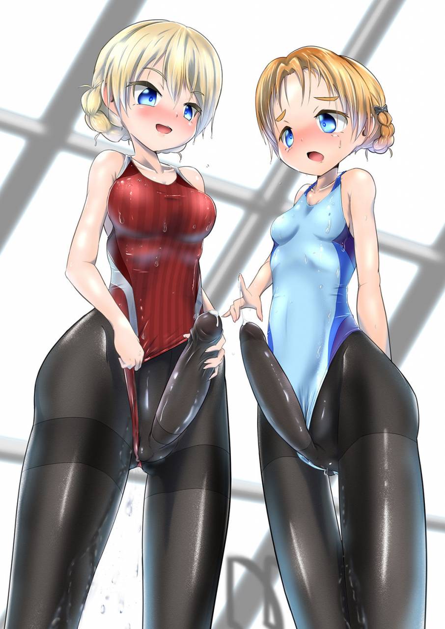 2futas big_penis blonde_hair blue_eyes blue_leotard blush blush_lines blushing_at_partner blushing_at_viewer blushing_profusely breasts clothed clothing cum darjeeling duo erection fully_clothed futa_only futa_sans_balls futanari girls_und_panzer human latex latex_clothing latex_futa latex_thighhighs leotard light-skinned_futanari light_skin low-angle_view orange_hair orange_pekoe pantyhose penis penis_cum_shot penis_out penis_under_clothes red_leotard rubbing rubbing_penis short_hair standing swimsuit zakkinman