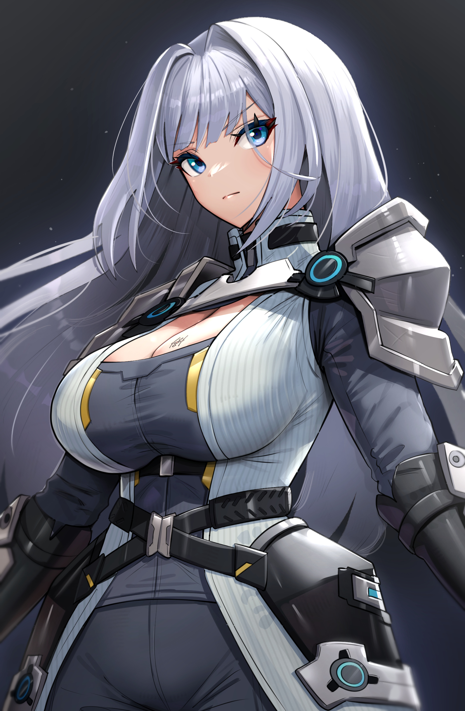 1girls, absurd res, armor, armwear, bangs, big breasts, blue eyes, breast tattoo, breasts, cleavage, elbow gloves, ethel (xenoblade), female, female only, gloves, gonzarez, grey clothing, grey jacket, grey topwear, highres, hourglass figure, jacket, large breasts, long hair, long sleeves, massive breasts, nintendo, shoulder pads, silver hair, solo, solo female, tattoo, thick thighs, thighs, upper body, very long hair, xenoblade (series), xenoblade chronicles 3