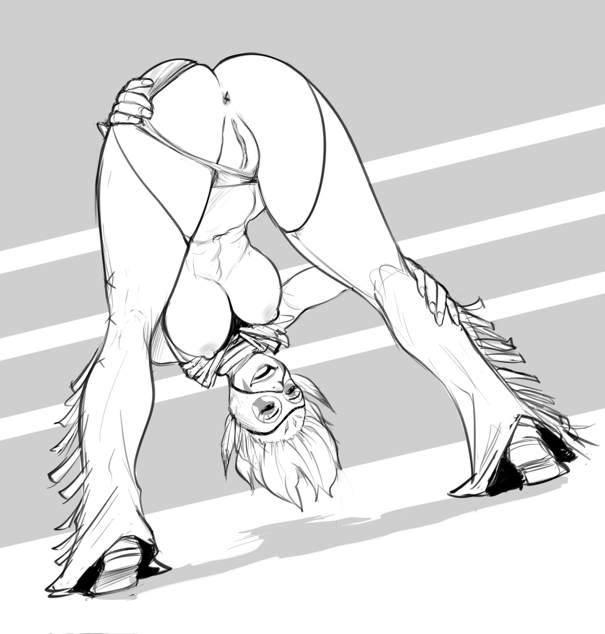 1girls, aixa (project love star), ass, bent over, breasts, chaps, female, hanging breasts, izra, mask, nude, original, original character, panties aside, presenting hindquarters, pussy, sacagawea, short hair, sketch, standing, wrestler