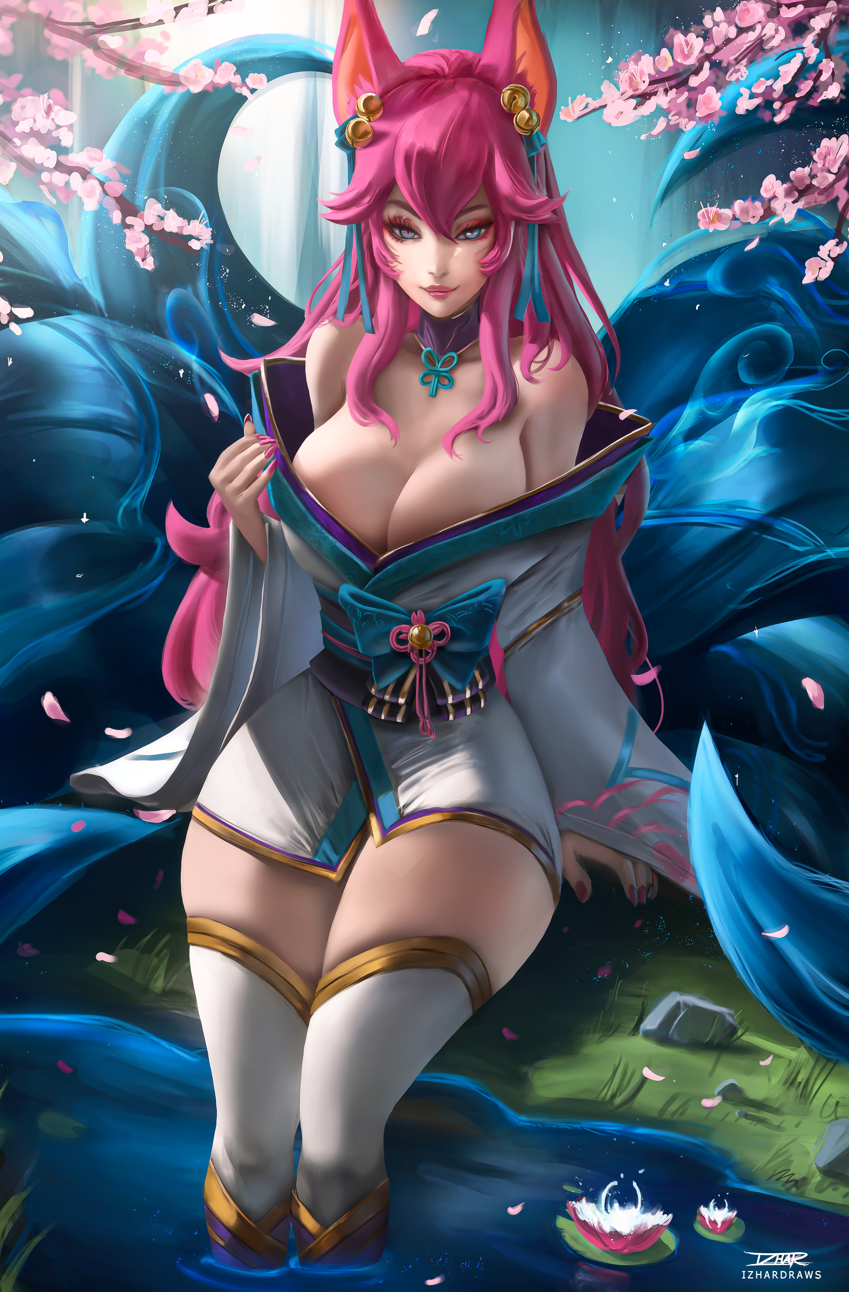 1girls, ahri, alternate costume, alternate hair color, alternate hairstyle, animal ear fluff, animal ears, animal girl, bangs, bell, big breasts, blue eyes, breasts, busty, child bearing hips, choker, cleavage, clothing, curvaceous, curves, curvy, curvy body, curvy female, curvy figure, curvy hips, eyelashes, eyeliner, eyeshadow, facial markings, female, fluffy, fluffy ears, fluffy tail, fluffy tails, fox, fox ears, fox girl, fox tail, furry tail, glistening, glistening body, glistening breasts, glistening hair, glistening skin, hair ornament, hair ribbon, hips, hourglass figure, huge breasts, humanoid, inner ear fluff, izhardraws, japanese clothes, kemonomimi, kimono, kitsune, large breasts, league of legends, light skin, light-skinned female, lips, lipstick, long hair, multi tail, nail polish, nine tailed fox, pale skin, pale-skinned female, pink eyeshadow, pink hair, pink lipstick, pink nails, riot games, robe, spirit blossom ahri, spirit blossom series, tail, thick thighs, thighs, vastaya, video games, voluptuous, wide hips