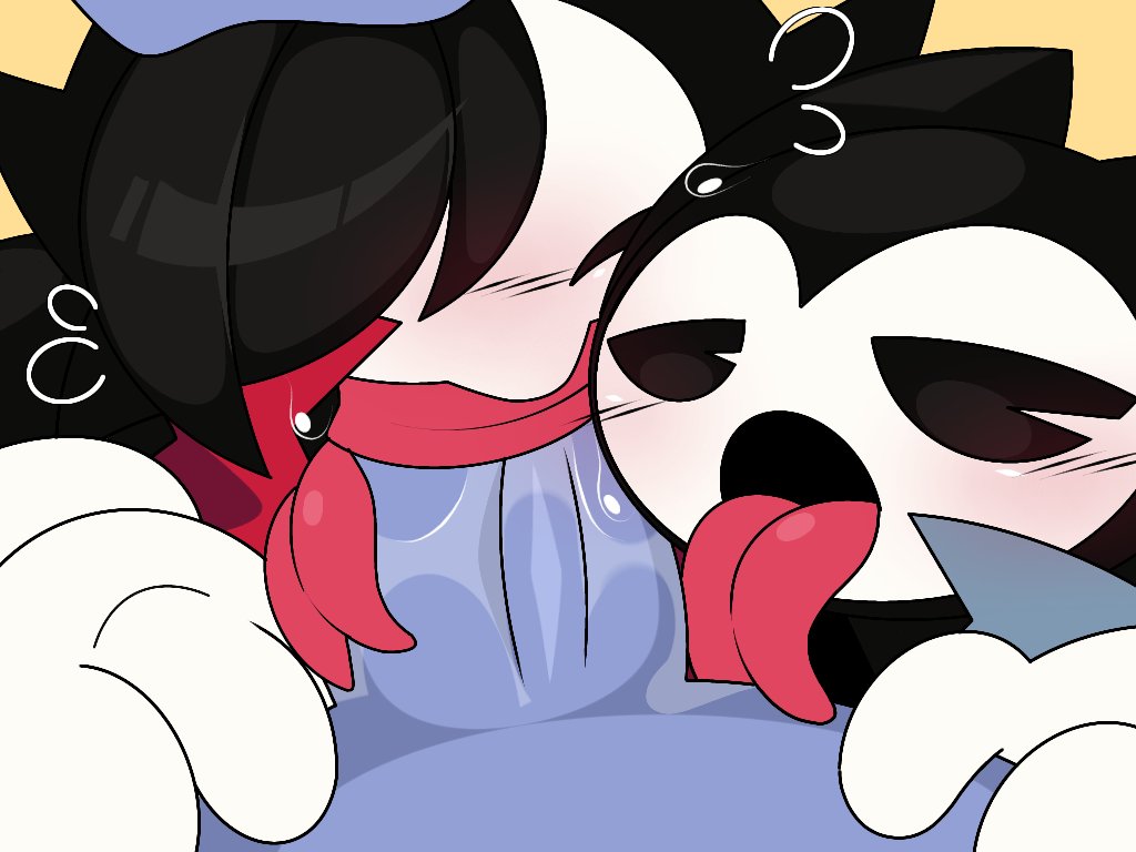 1boy, ambiguous gender, bendy, bendy and the ink machine, blowjob, blue body, blue penis, blush, blush lines, blushing, collaborative fellatio, demon, demon single, duo, fellatio, gay, imp, licking, licking penis, long tongue, male, oc, oral, oral sex, penis, quinn (demon single), sleepy headx3 (artist), sucking off, tongue, tongue fucking, tongue out, tonguejob, toony