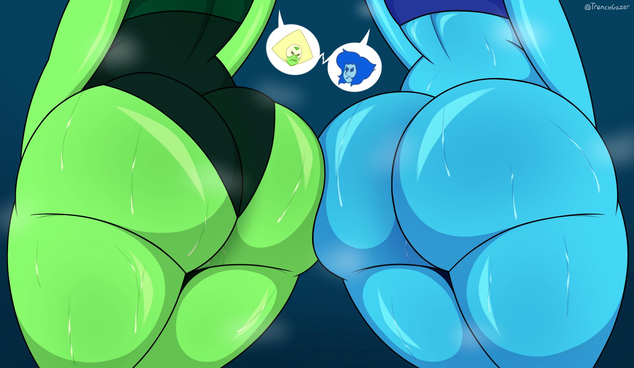 2girls, ass, ass focus, ass to ass, big ass, big butt, blue skin, bottomless, bubble ass, bubble butt, caked up, cheesecake, clothing, dumptruck ass, fat ass, female, female only, green skin, huge ass, lapis lazuli (steven universe), large ass, peridot (steven universe), steven universe, sweat, thick ass, thick thighs, trenchgazer, voluptuous, voluptuous female, wide hips