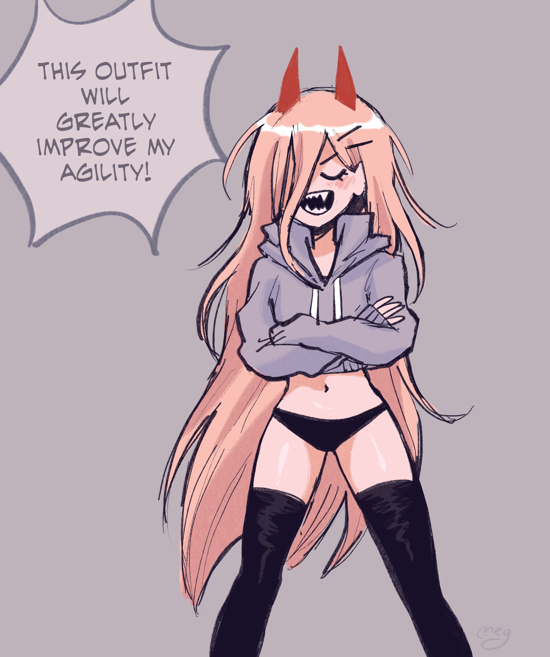 1girls, 2022, alternate costume, black panties, blonde hair, blush, chainsaw man, closed eyes, cosplay, crossed arms, demon, demon girl, demon horns, english text, female, horns, june (megrocks) (cosplay), long hair, megrocks, navel, no pants, panties, power (chainsaw man), sharp teeth, smug, standing, text, thighhighs, very long hair