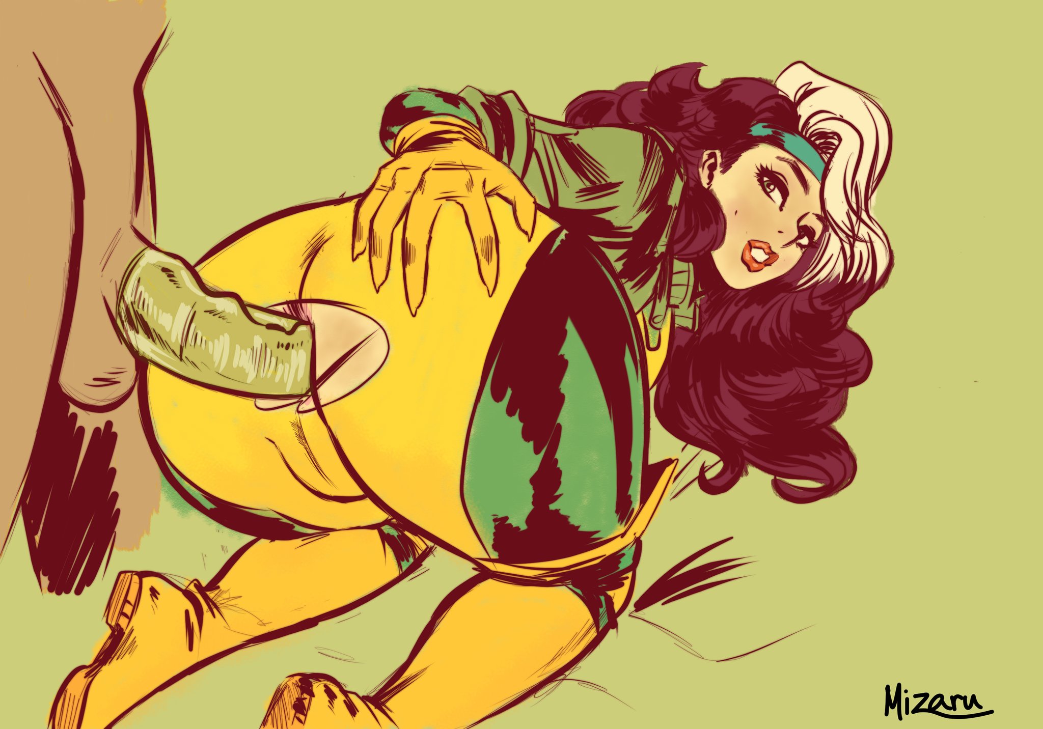 1girls, all fours, anal, anna marie, ass, bodysuit, condom, condom on penis, doggy style, female, from behind, long hair, male, marvel, marvel comics, mizaru, penis, rogue (x-men), sex, torn bodysuit, torn clothes, two-tone hair, x-men
