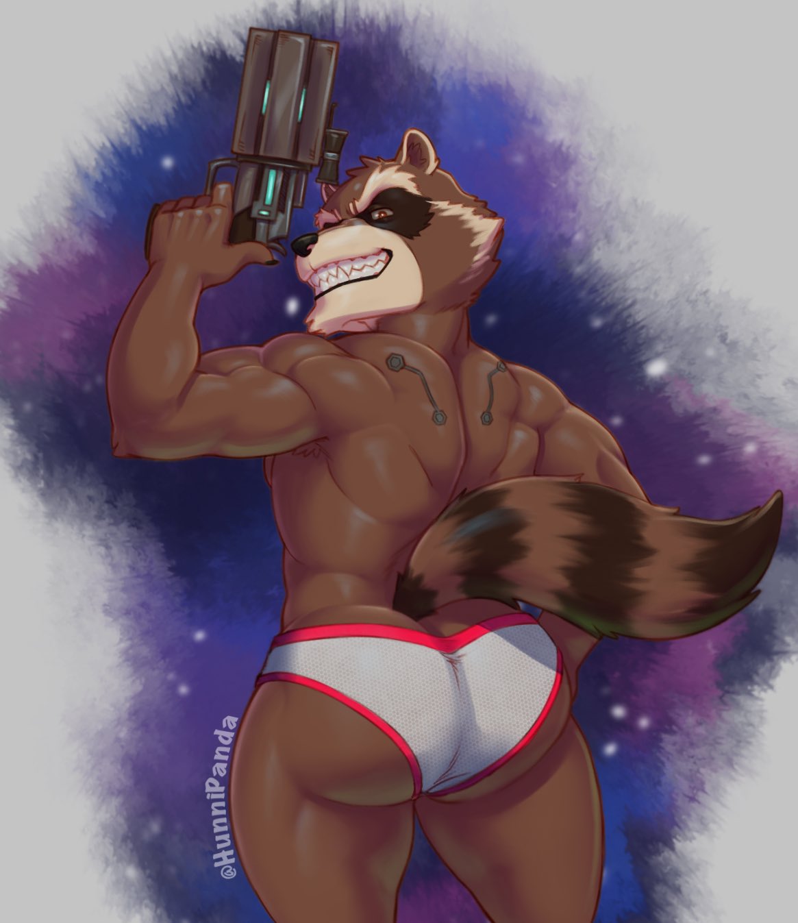 1boy anthro ass_focus back_view bara_ass behind_view big_ass big_ass_(male) big_butt bubble_ass bubble_butt dat_ass dumptruck_ass dumptruck_butt fat_ass fat_butt furry gay guardians_of_the_galaxy holding_gun holding_object holding_weapon huge_ass huge_butt humanoid hunnipanda looking_at_viewer looking_back male male_only marvel marvel_comics mostly_nude multicolored_background muscles muscular_anthro muscular_arms muscular_ass muscular_back muscular_butt muscular_humanoid muscular_legs muscular_male plump_ass plump_butt raccoon rocket_raccoon round_ass round_butt sharp_teeth smiling tail thick_ass thick_butt underwear underwear_only weapon