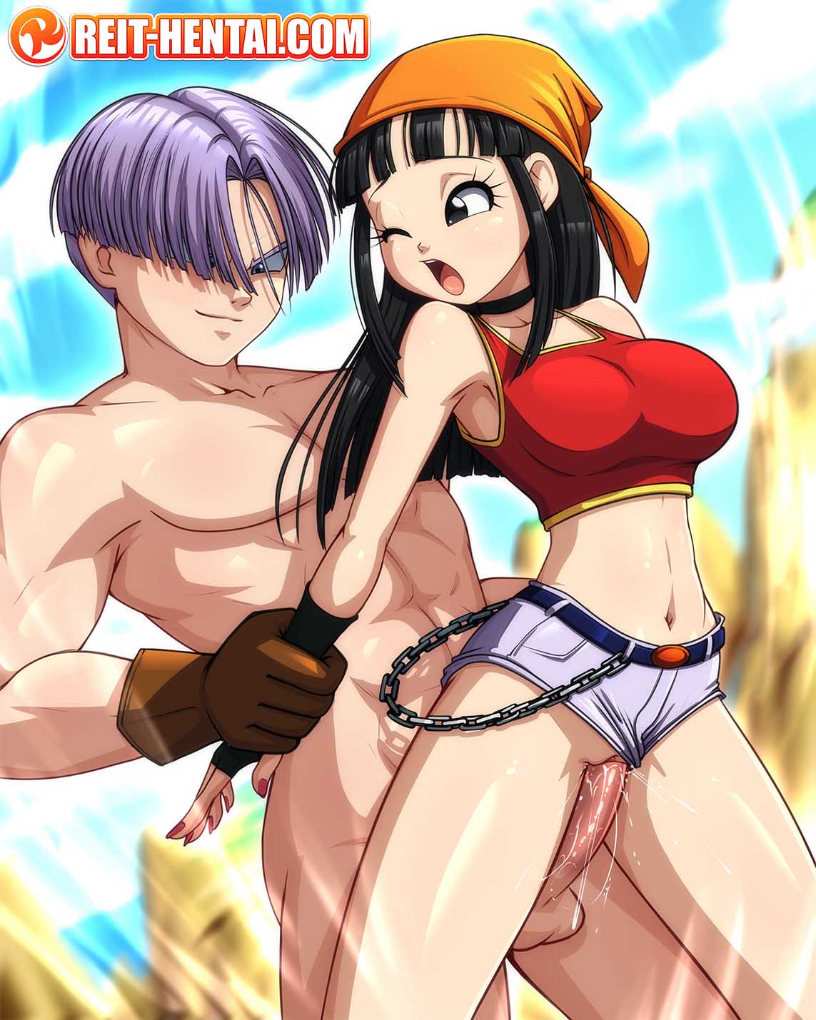 1boy 1girls abs aged_up black_eyes black_hair chain clothed clothed_female_nude_male clothed_sex crop_top daisy_dukes dragon_ball dragon_ball_gt female female_saiyan fit fit_female from_behind from_behind_position headband jean_shorts long_hair looking_back male midriff muscular muscular_male open_mouth pan_(dragon_ball) reit sex short_shorts shorts teenage_girl teenager trunks_briefs vaginal_penetration watermark young