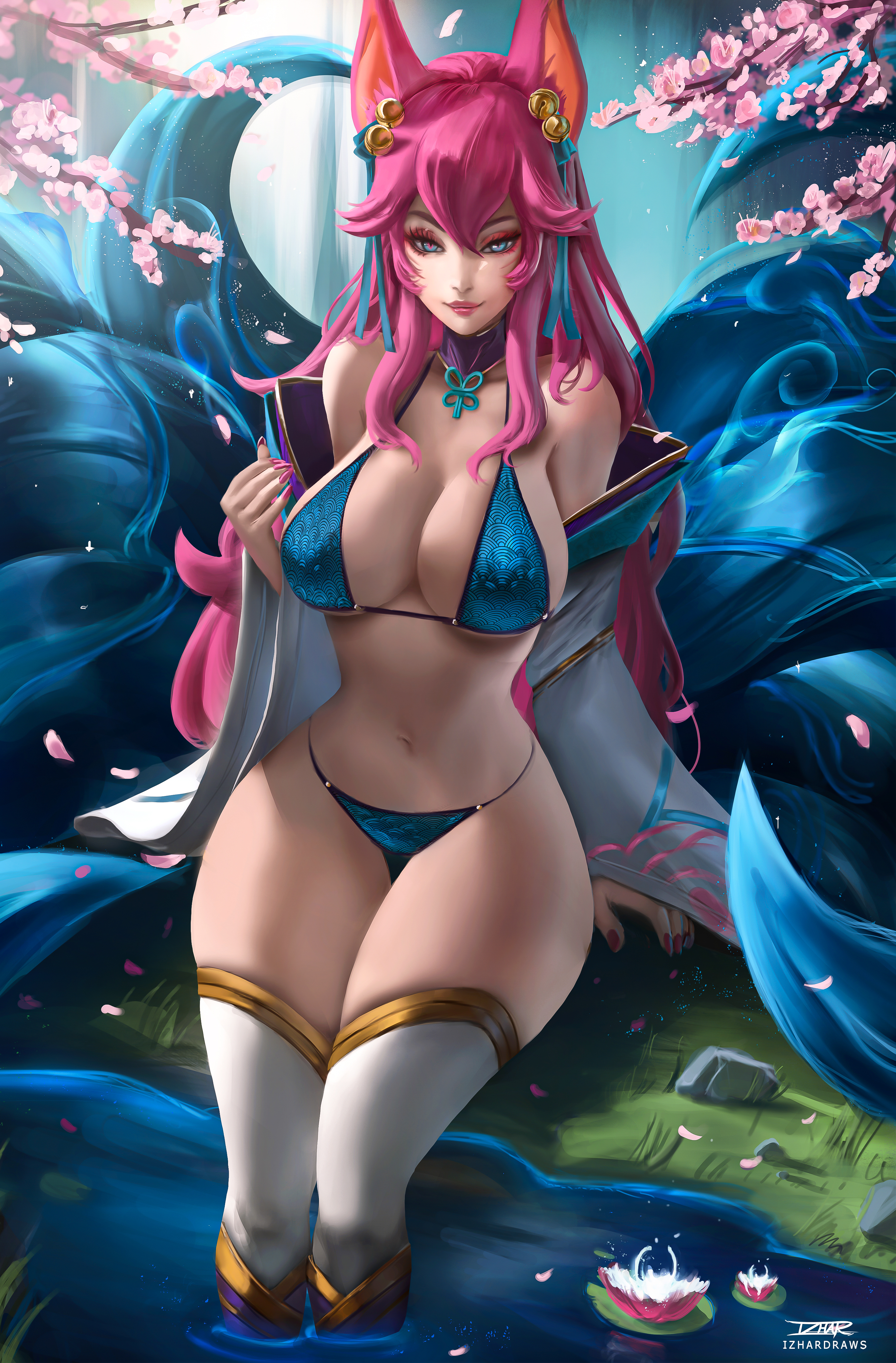 1girls, ahri, alternate costume, alternate hair color, alternate hairstyle, animal ear fluff, animal ears, animal girl, bangs, bell, belly, big breasts, bikini, blue eyes, breasts, busty, child bearing hips, choker, cleavage, clothing, curvaceous, curves, curvy, curvy body, curvy female, curvy figure, curvy hips, eyelashes, eyeliner, eyeshadow, facial markings, female, fluffy, fluffy ears, fluffy tail, fluffy tails, fox, fox ears, fox girl, fox tail, furry tail, glistening, glistening body, glistening breasts, glistening hair, glistening skin, hair ornament, hair ribbon, hips, hourglass figure, huge breasts, humanoid, inner ear fluff, izhardraws, japanese clothes, kemonomimi, kimono, kitsune, large breasts, league of legends, light skin, light-skinned female, lips, lipstick, long hair, multi tail, nail polish, navel, nine tailed fox, pale skin, pale-skinned female, pink eyeshadow, pink hair, pink lipstick, pink nails, pink nipples, riot games, robe, spirit blossom ahri, spirit blossom series, tail, thick thighs, thighs, vastaya, video games, voluptuous, wide hips