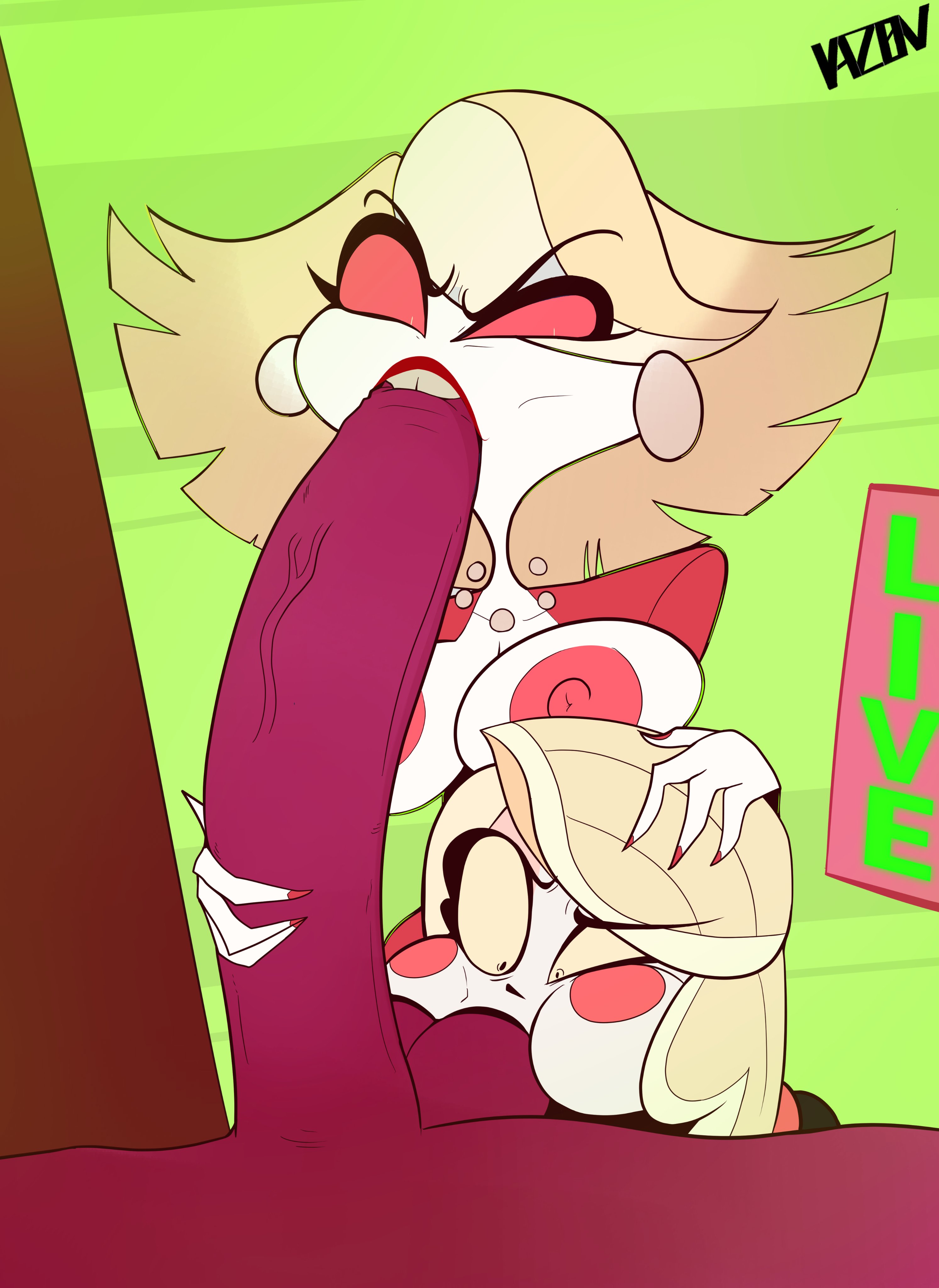 1boy, 2022, 2demons, 2girls, alternate version at source, areolae, assisted fellatio, balls, balls suck, big breasts, blonde hair, blowjob, breasts, charlie morningstar (hazbin hotel), collaborative fellatio, demon, demon girl, earrings, exposed breasts, fellatio, female, female focus, hazbin hotel, huge breasts, huge cock, jewelry, katie killjoy, large penis, light skin, light-skinned female, male, male/female, multiple females, multiple girls, necklace, nipples, oral, oral penetration, oral sex, pale skin, pale-skinned female, partial male, pearl necklace, penis, pushing head down, red cheeks, red eyes, red lipstick, red nails, red skin, teamwork, threesome, vaz0v, veiny penis, vivienne medrano, yellow eyes