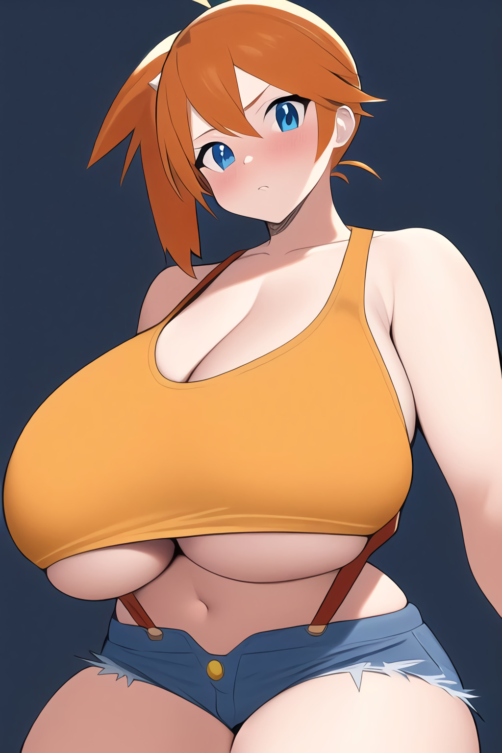 1girls, adapted costume, ai generated, alternate breast size, armpits, asymmetrical hair, bare arms, bare legs, bare shoulders, big breasts, blush, breasts, busty, cleavage, clothing, cowboy shot, curvaceous, curvy, curvy body, curvy female, denim, denim shorts, earrings, female, female focus, female only, gloves, green eyes, gym leader, high resolution, huge breasts, kasumi (pokemon), large breasts, legs, looking at viewer, nai diffusion, navel, nintendo, orange hair, pokemon, pokemon (game), pokemon character, pokemon rgby, ponytail, shirt, short hair, short shorts, shorts, side ponytail, simple background, solo, stable diffusion, standing, tank top, thick, thick thighs, thighs, tied hair, voluptuous, white shirt, wide hips