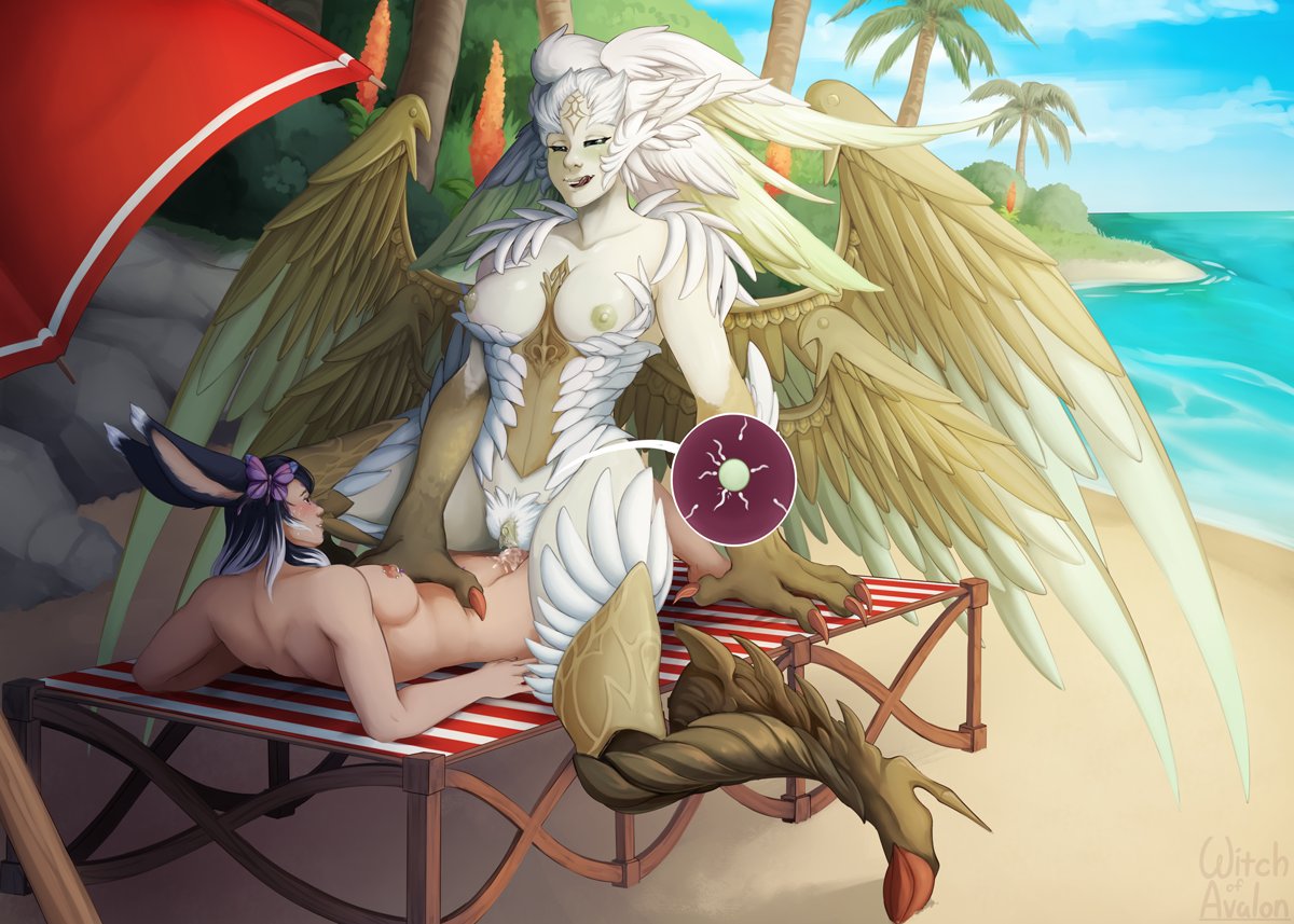 1futa 1girls animal_ears areolae beach beach_chair beach_umbrella bird_feet bird_girl bird_wings black_hair breasts claws cowgirl_position cum cum_in_pussy cum_inside deity detailed_background duo feathers female fertilization final_fantasy final_fantasy_xiv futa_on_female futanari garuda goddess green_eyes happy happy_sex harpy humanoid humanoid_penis impregnation kemonomimi light-skinned_futanari light_skin looking_pleasured nipples nude ocean on_back pale_skin penis primal rabbit_ears red_eyes sex smile square_enix vaginal_penetration viera white_hair wings witchofavalon