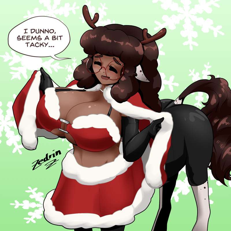 antler_headband big_breasts bikini black_gloves breasts brown_hair cape cashmere_(zedrin) centaur centauress christmas christmas_bikini dark-skinned_female dark_skin equid_taur glasses gloves horse_ears monster_girl santa_costume skirt tail taur zedrin