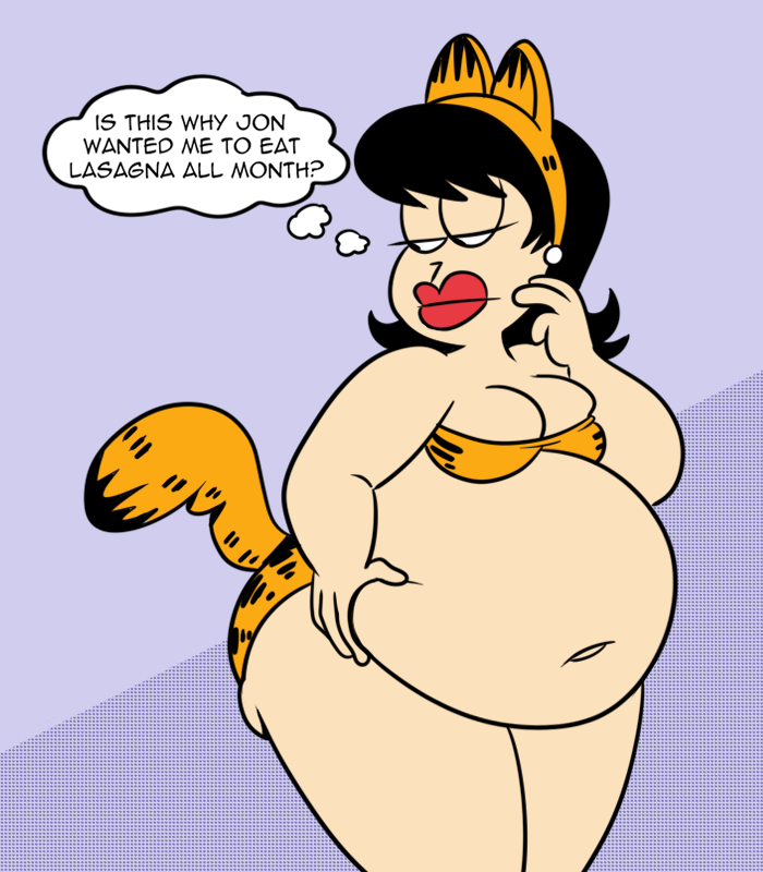 1girls belly black_eyes black_hair bra cat_ears cat_tail cosplay crossplay ear_piercing earrings english_text fake_animal_ears fake_animal_tail fat fat_woman garfield_(cosplay) garfield_(series) garfield_the_cat huge_belly large_belly lipstick liz_wilson male_character_(cosplay) name_drop navel obese obese_female panties paramount_pictures paws,_inc. piercing scobionicle99 text thought_bubble weight_gain