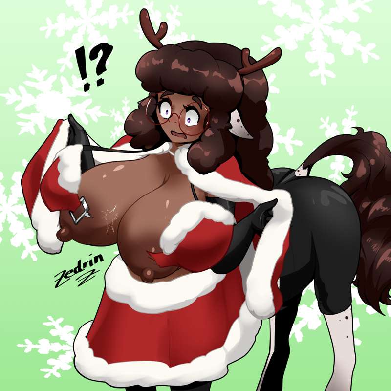 antler_headband areolae big_breasts bikini bikini_snap black_gloves breasts brown_hair cape cashmere_(zedrin) centaur centauress christmas christmas_bikini dark-skinned_female dark_skin equid_taur glasses gloves horse_ears huge_breasts monster_girl nipples santa_costume skirt tail taur wardrobe_malfunction zedrin