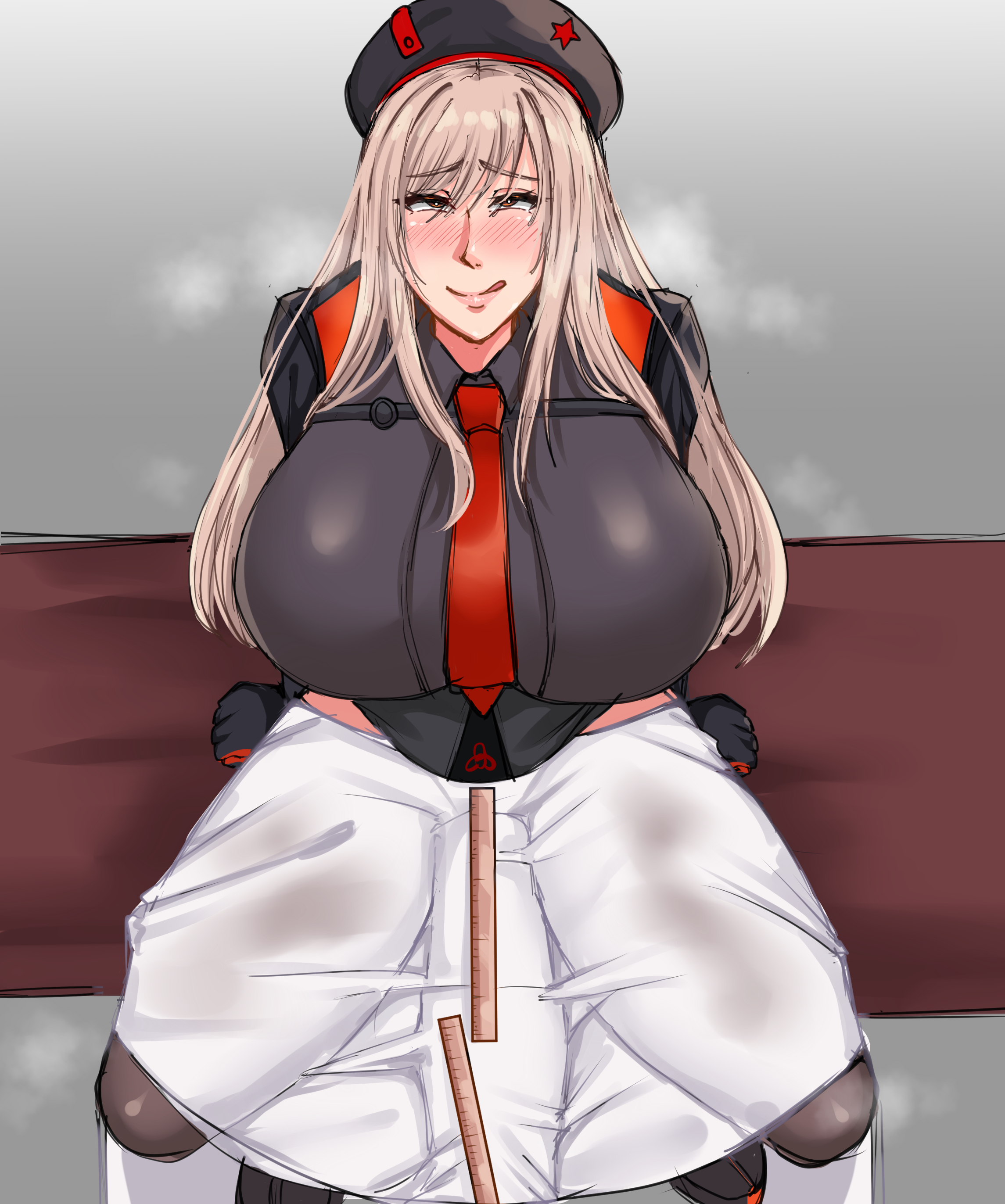 1futa, big breasts, big penis, big thighs, blush, breasts, bulge, clothed, clothed futa, clothing, dickgirl, fully clothed, futa only, futanari, gigantic breasts, goddess of victory: nikke, huge breasts, huge cock, huge penis, huge thighs, human, intersex, large breasts, large penis, large thighs, light skin, light-skinned futa, long penis, massive breasts, measuring, measuring penis, penis, penis under dress, pondbs, rapi (nikke), ruler, sitting, smile, solo, solo futa, squatting, thick thighs, thighs