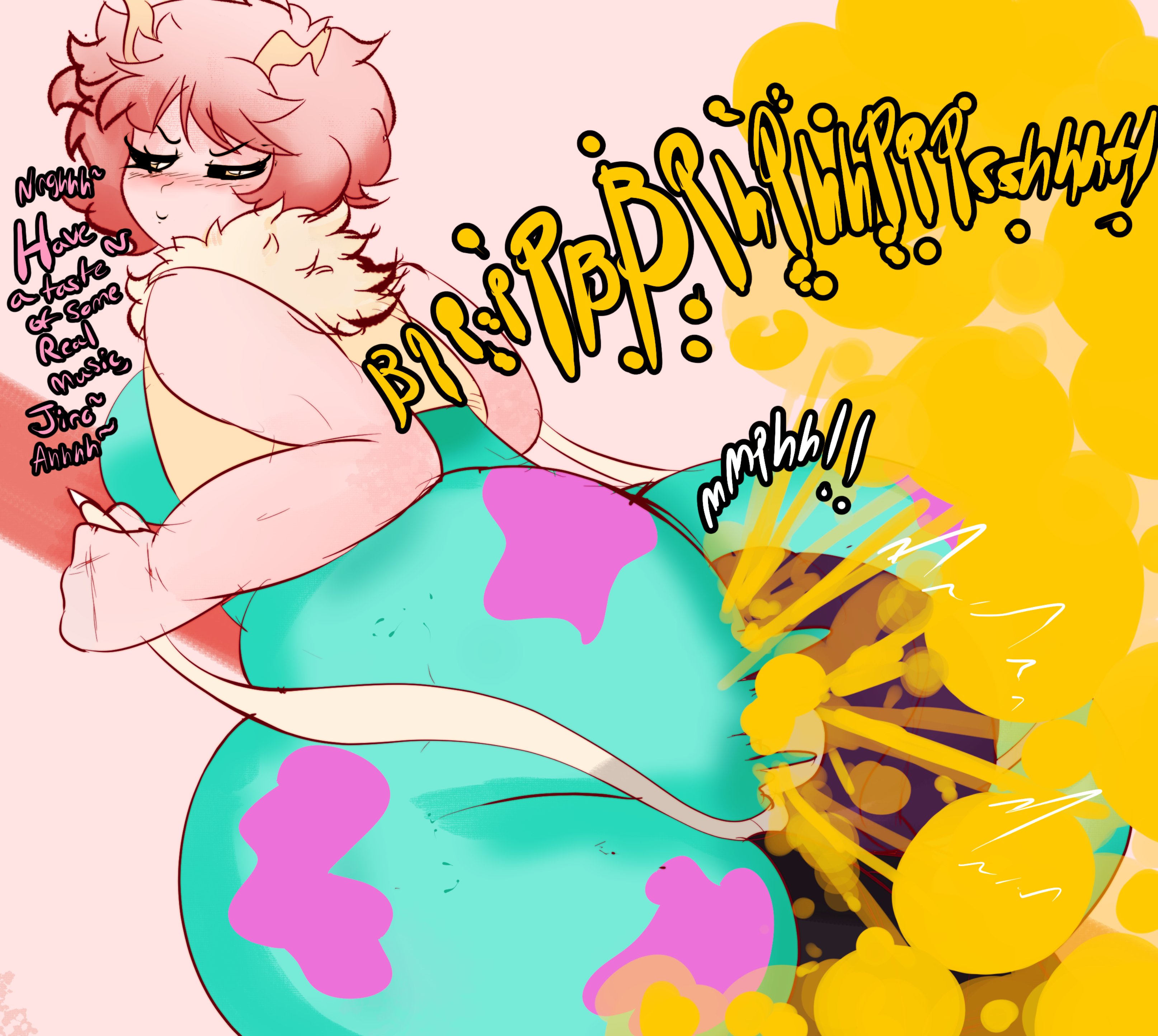 2girls, ass, big ass, big butt, black eyes, blush, bubble ass, bubble butt, english text, face in ass, fart, fart cloud, fart fetish, farting, farting in face, female, kyoka jiro, looking back, melissaalli, mina ashido, multiple females, multiple girls, my hero academia, pink hair, pink skin, rear view, short hair, text, thick thighs, yuri