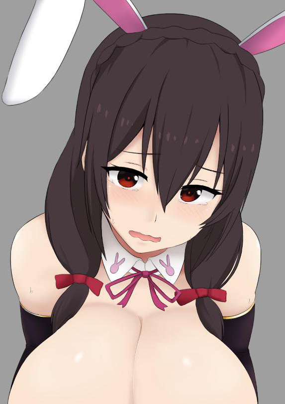 1girls animal_ears big_breasts black_hair bow braid breasts cleavage detached_collar elbow_gloves gloves hair_between_eyes hairbow kono_subarashii_sekai_ni_shukufuku_wo! large_breasts looking_at_viewer nao_(ritsancrossover) open_mouth rabbit_ears red_bow red_eyes red_ribbon ribbon solo yunyun_(konosuba)