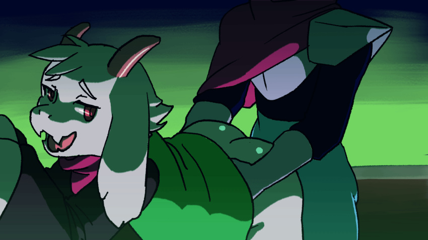 2boys, 2d, anal, anal penetration, anal sex, anthro, anthro male, artist request, blue skin, caprine, deltarune, furry, furry male, gay, goat, green clothing, horns, kris (deltarune), male, male only, male penetrated, male penetrating, male penetrating male, multiple boys, multiple males, penetration, ralsei, ralsei with white fur, scarf, sex, tagme, toby fox, undertale (series), white fur