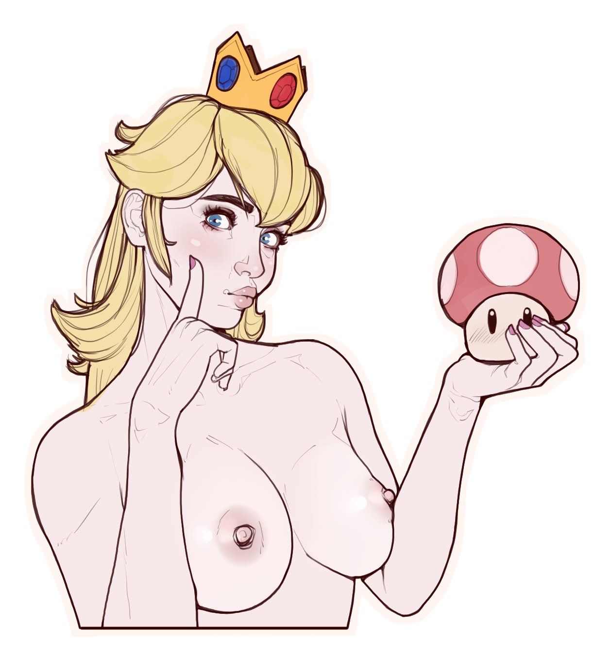 blonde_hair breasts crown galaad1800 holding_mushroom long_hair mario_(series) medium_breasts mushroom nude pose princess_peach super_mario_bros. white_background