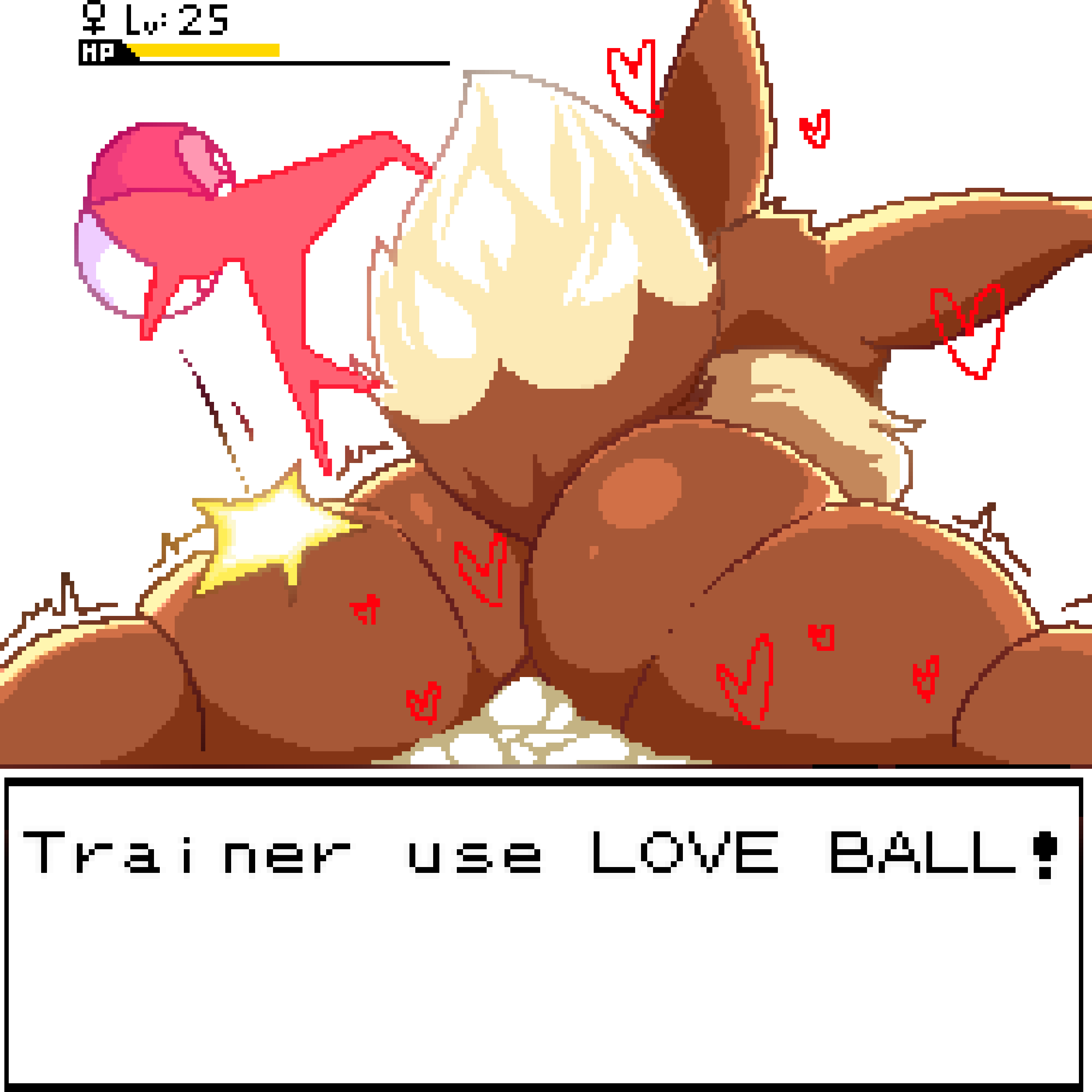 absurd res, anthro, ass, bodily fluids, brown body, chocomenta, cum, cum in pussy, cum inside, eevee, english text, female, generation 1 pokemon, genital fluids, hi res, nintendo, pixel art, pokémon (species), pokeball, pokemon, pokemon (species), pokemorph, pussy, simple background, solo, spread legs, spreading, text, video games, white background