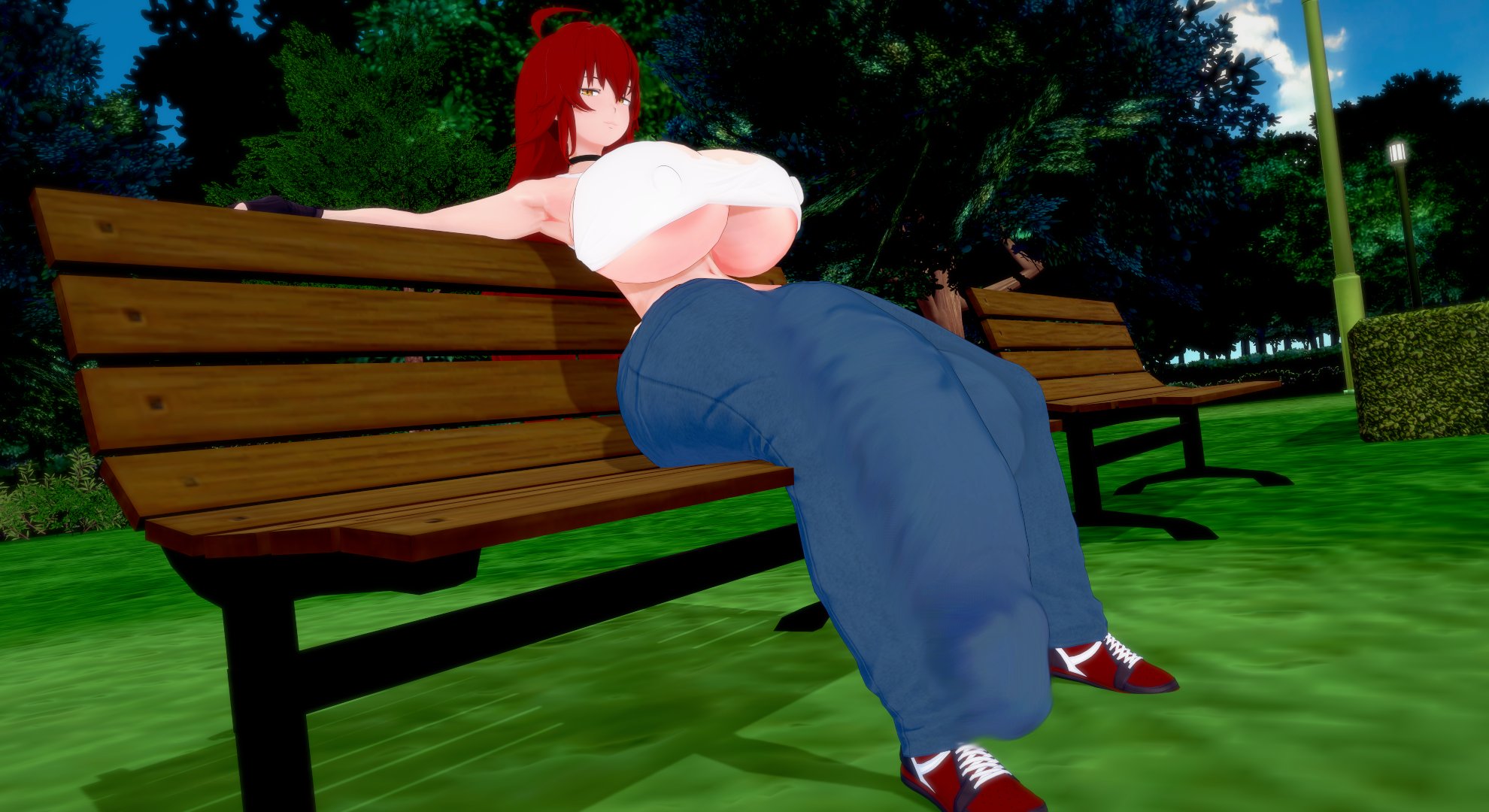 1futa, 3d, big breasts, big penis, breasts, bulge, camtri, clothed, clothing, denim, dickgirl, enormous penis, futa only, futanari, giant penis, gigantic breasts, gigantic penis, gloves, huge breasts, huge cock, hyper penis, ineffective clothing, intersex, jeans, koikatsu, large breasts, large penis, long hair, pants, penis, red hair, shoes, sitting, sitting on bench, solo, solo futa