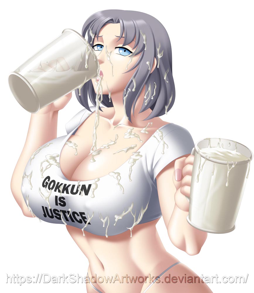 1girls bukkake busty casual_bukkake cleavage clothes_writing crop_top cum cum_drinking cum_in_container female female_focus female_only gokkun hourglass_figure senran_kagura tagme thedarkness wide_hips yumi_(senran_kagura)