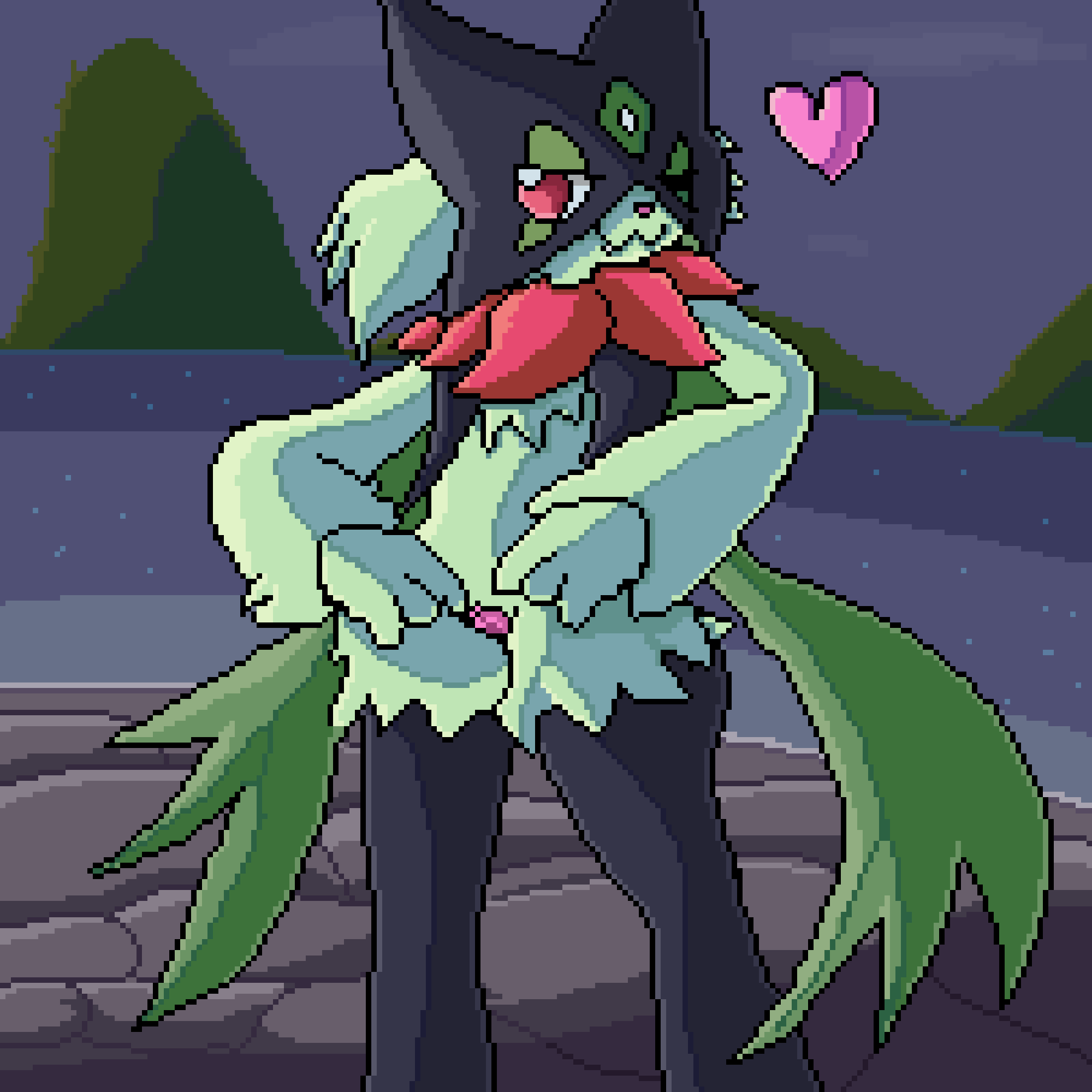 anthro biped black_body black_fur closed_eyes digital_media_(artwork) elemental_creature female feral flora_fauna flower flower_creature fur genitals green_body green_fur heart hi_res humanoid lawealewd mask meowscarada nintendo pink_eyes pink_nose pixel_(artwork) plant pokemon pokemon_sv pussy rock solo spread_pussy spreading video_games water