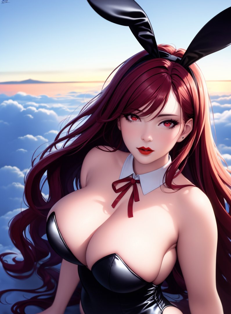 1girls, ai generated, big breasts, breasts, bunny tail, bunnysuit, curvaceous, curvy female, curvy figure, female, female only, high resolution, highres, kurenai (claire miyamoto), latex, long hair, looking at viewer, nai diffusion, original, red hair, solo, stable diffusion, voluptuous, voluptuous female