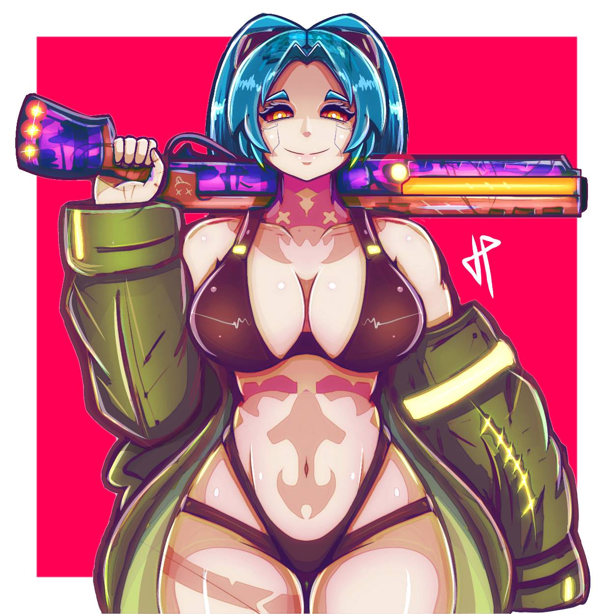 1girls, alternate breast size, alternate skin color, big breasts, bikini, black bikini, breasts, busty, child bearing hips, cleavage, curvy, cyberpunk: edgerunners, female, female only, green hair, gun, highres, jacket, large breasts, legs, looking at viewer, navel, open clothes, open jacket, rebecca (edgerunners), smile, stomach tattoo, swimsuit, tattoo, thick thighs, thighs, twintails, voluptuous, weapon, wide sleeves