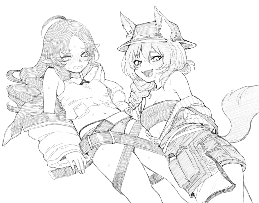 2girls :d ahoge arknights bare_shoulders beanstalk_(arknights) braid breasts clothes_pull crop_top ears_through_headwear fangs female female_only haiokumantan hair_between_eyes hat hyena_ears hyena_girl hyena_tail id_card long_hair looking_at_viewer lying midriff multiple_girls myrtle_(arknights) navel no_pants off_shoulder on_back on_side open_mouth panties pointy_ears shirt_pull simple_background small_breasts smile strapless sweat tank_top tube_top underwear wavy_hair wavy_mouth white_background